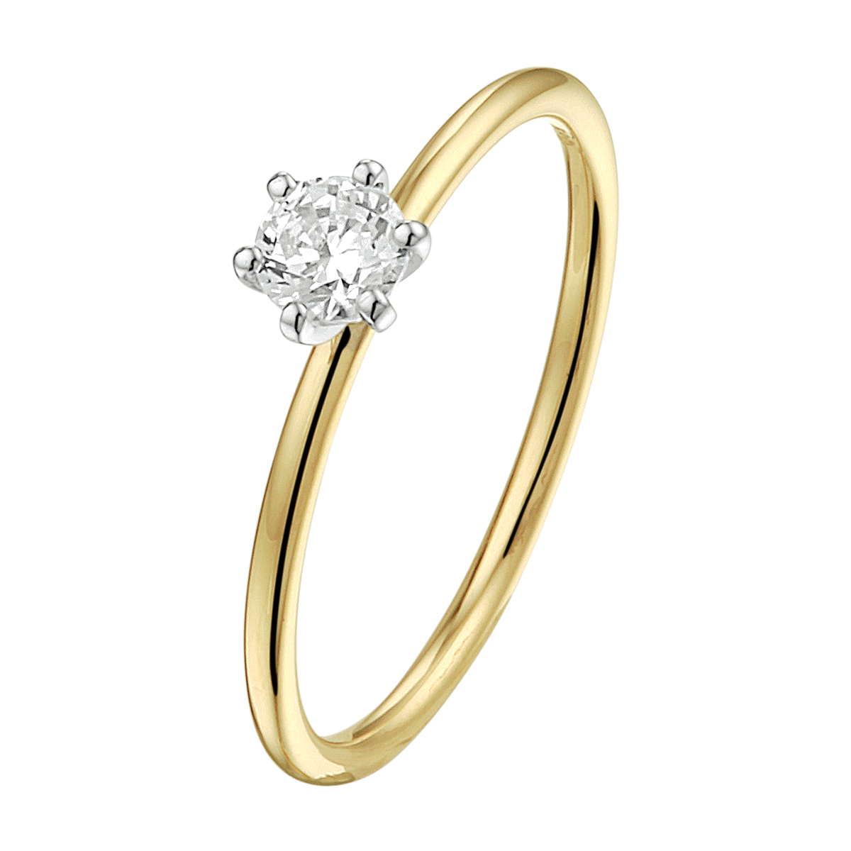 14k Bicolor geel- en witgouden ring uitgevoerd met een schitterende zirkonia. De ring heeft een breedte van 4.5mm.