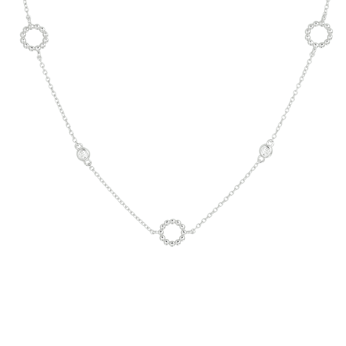 Gerhodineerd 925 zilveren collier uitgevoerd met rondjes en zirkonia. Het collier heeft een draaglengte van 41cm met een extensie van 4cm en een stevige karabijn sluiting.