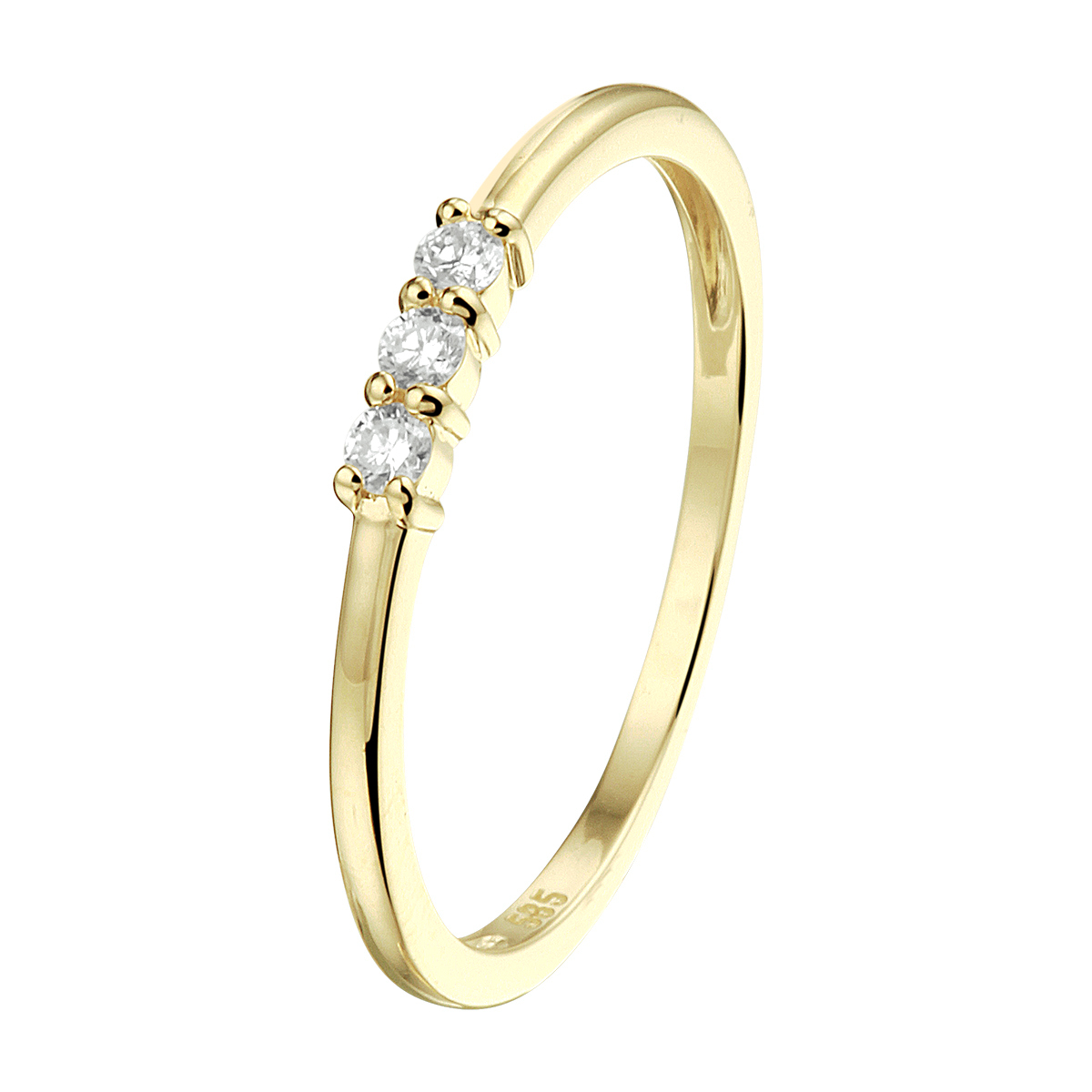 4k Geelgouden ring uitgevoerd met een schitterende diamant rij. De ring heeft een breedte van 2mm.