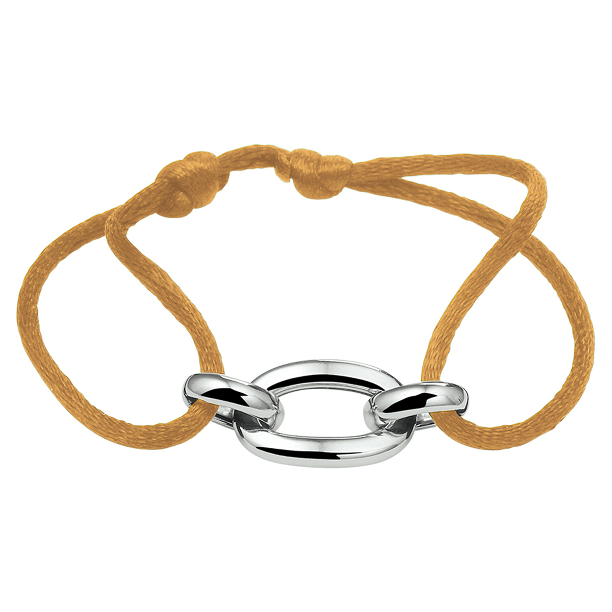 Caramel gevlochten armband uitgevoerd met een gerhodineerd 925 zilveren schakel met een breedte 12.5mm. De armband heeft draaglengtes van 13 tot 26cm.
