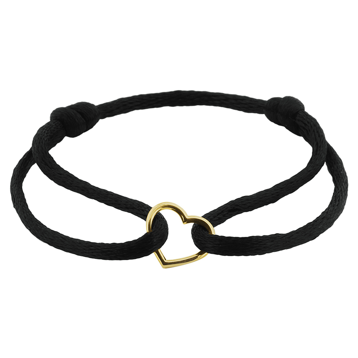 Zwart gevlochten armband uitgevoerd met een 14k geelgouden hartje. De armband heeft draaglengtes van 11 tot 19cm. Het hartje heeft een afmeting van 10x11.5mm.