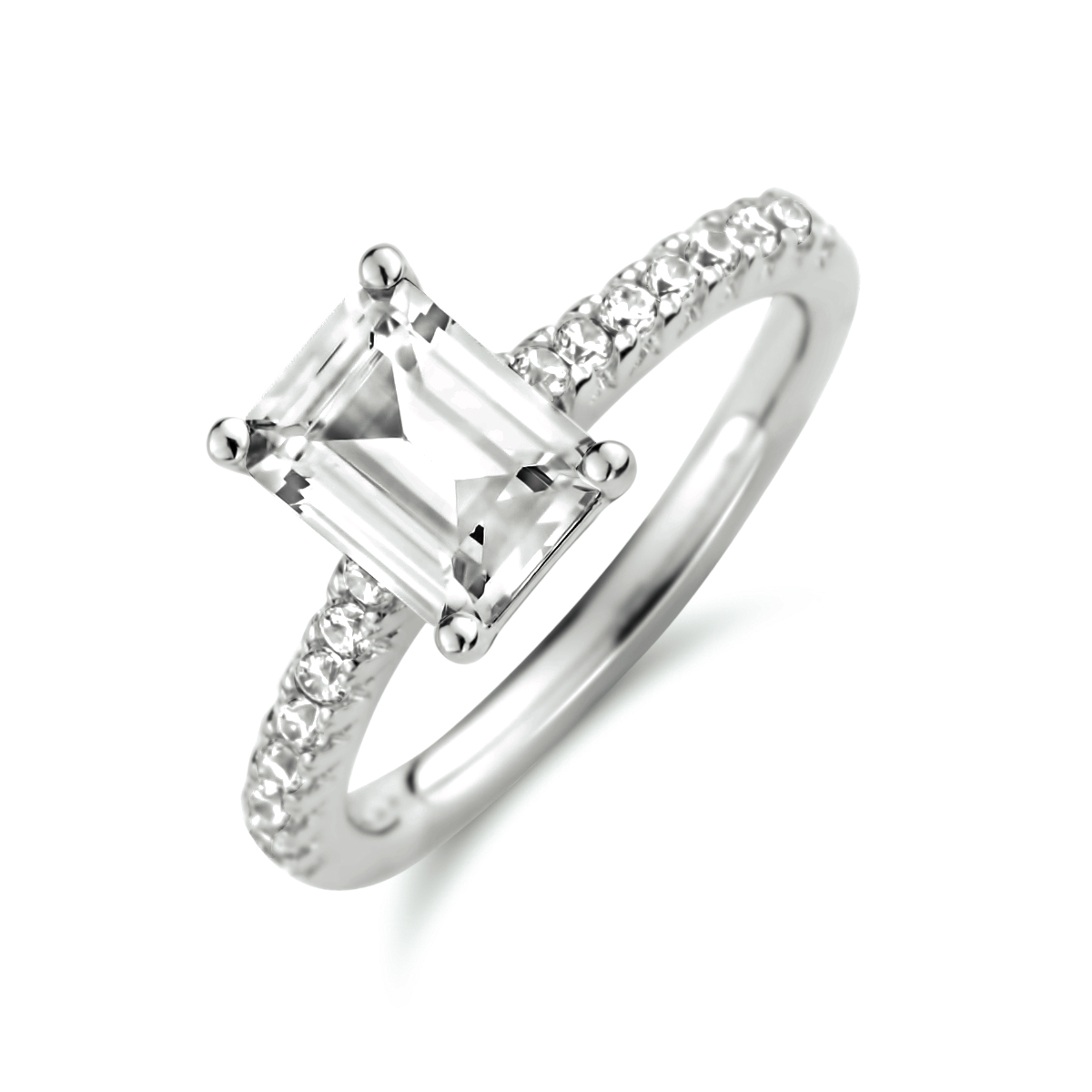 Gerhodineerd 925 zilveren ring uitgevoerd met een schitterende zirkonia rij. De ring heeft een breedte van 8.6mm.