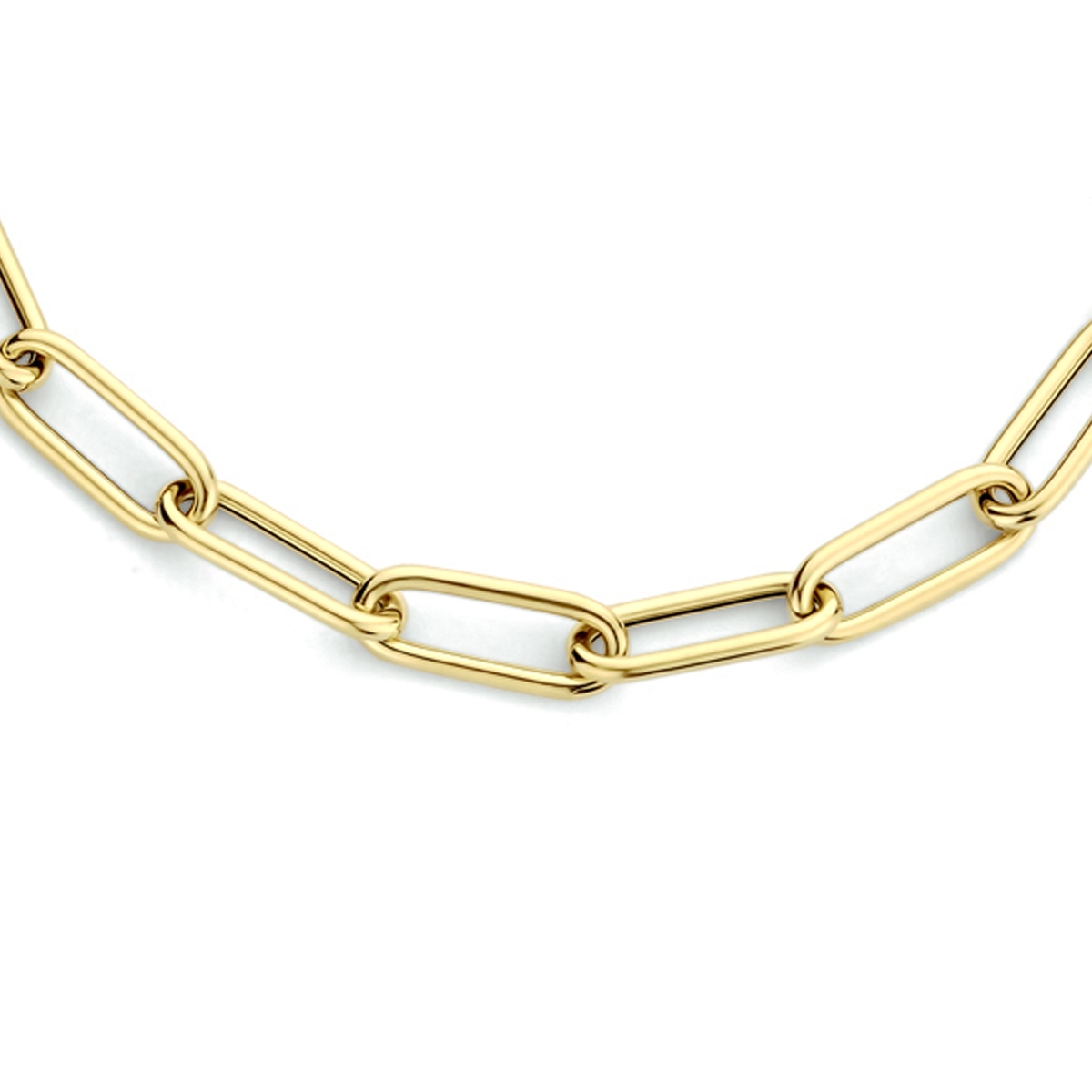 14k Geelgouden collier uitgevoerd met een paperclip schakel met een breedte van 4mm. Het collier heeft een draaglengte van 42cm en een stevige karabijn sluiting.