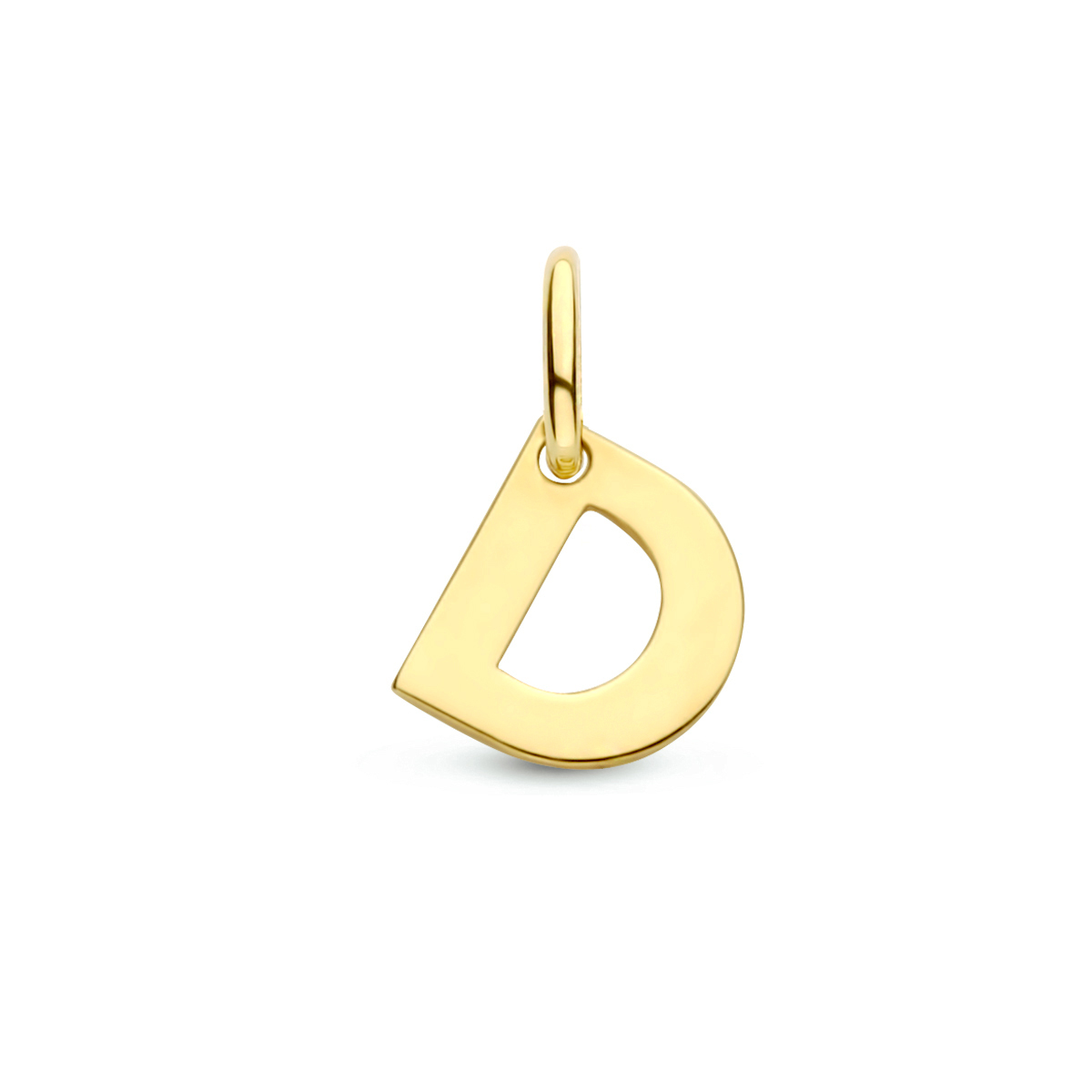 14k Geelgouden hanger uitgevoerd in de letter D. De hanger heeft een totale hoogte van 1cm en een breedte van 5mm.