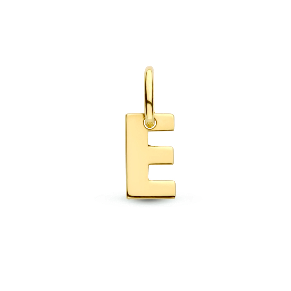 14k Geelgouden hanger uitgevoerd in de letter E. De hanger heeft een totale hoogte van 1cm en een breedte van 3.5mm.