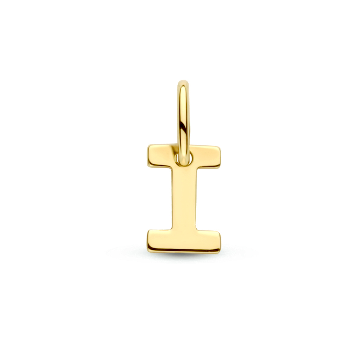 14k Geelgouden hanger uitgevoerd in de letter I. De hanger heeft een totale hoogte van 1cm en een breedte van 4mm.