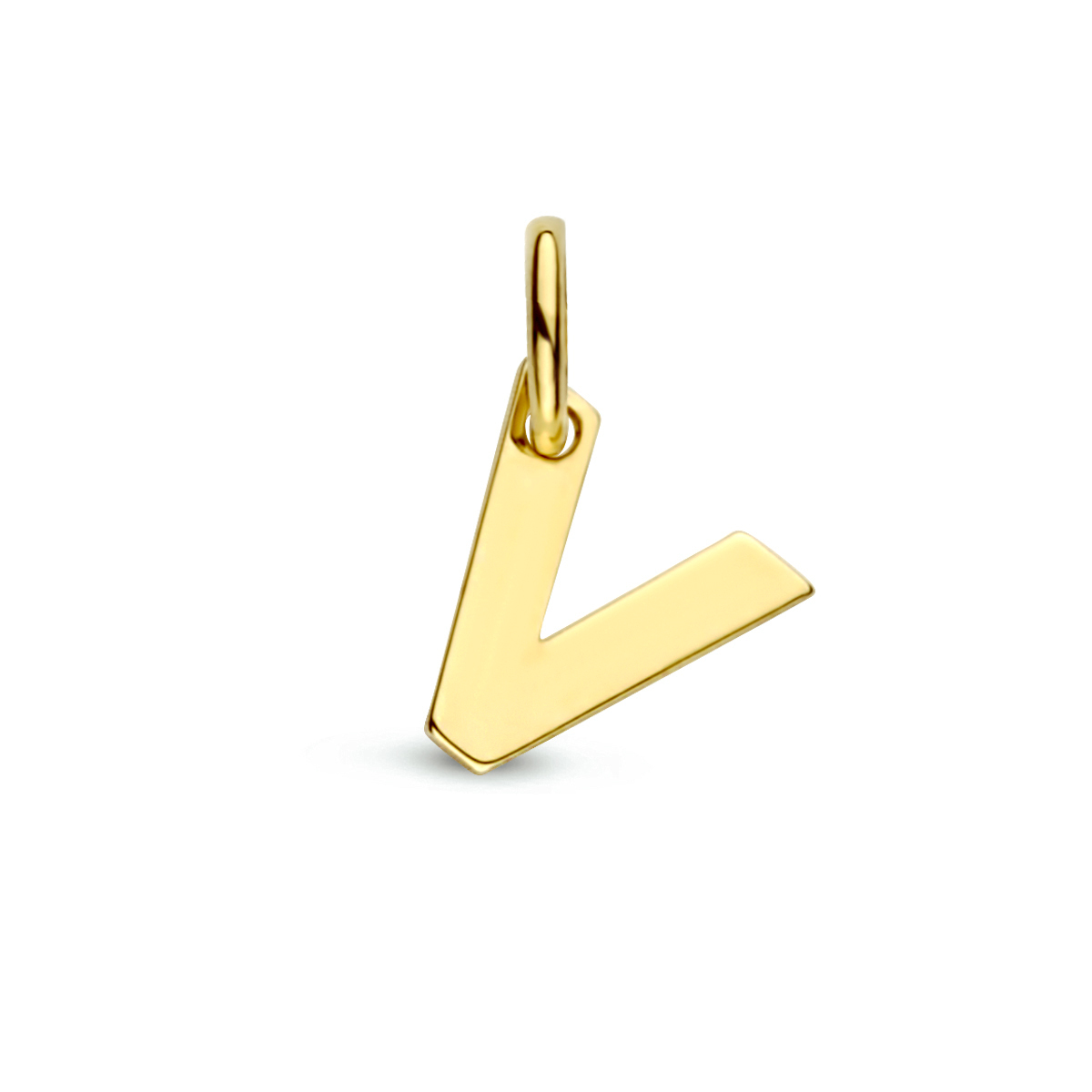 14k Geelgouden hanger uitgevoerd in de letter V. De hanger heeft een totale hoogte van 1cm en een breedte van 6mm.