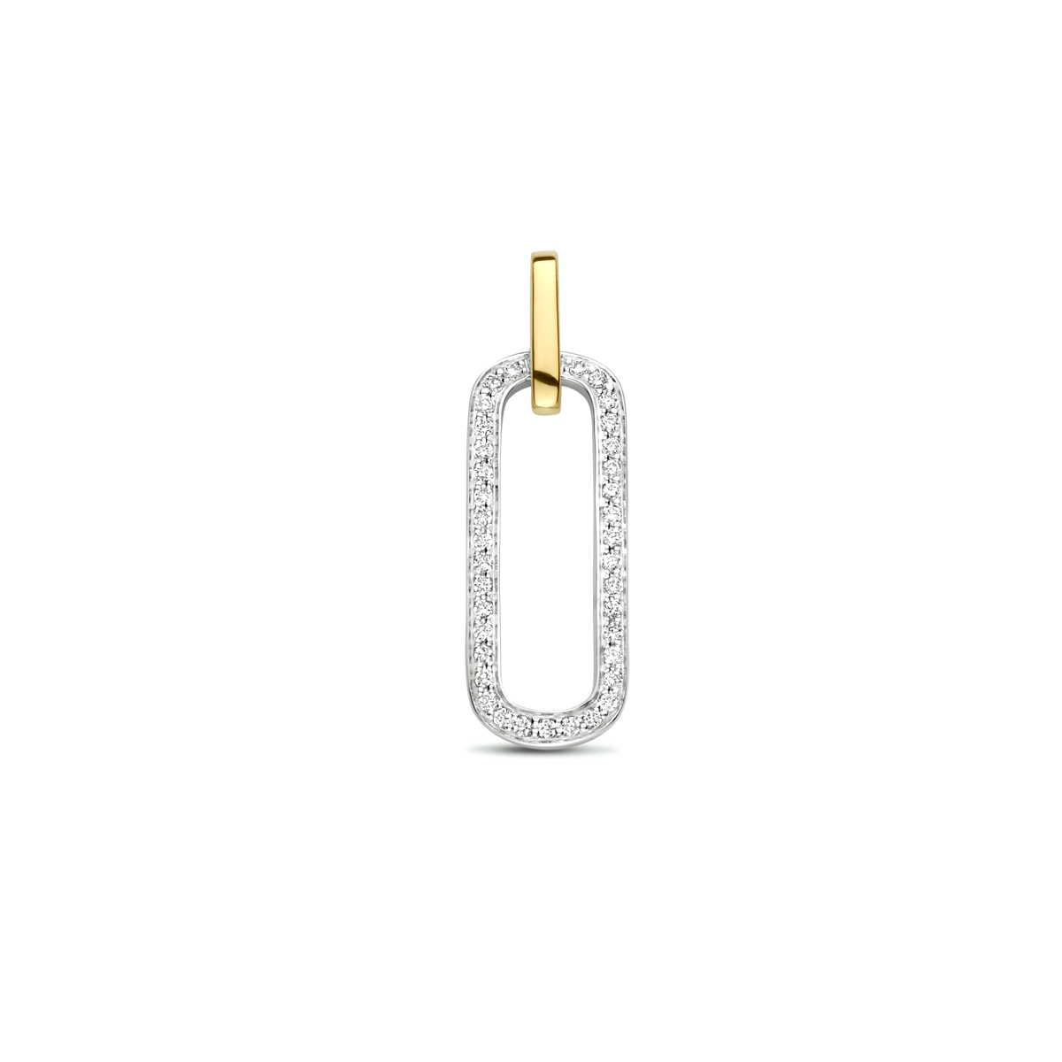 14k Bicolor geel- en witgouden hanger uitgevoerd met een schitterende diamant rij. De hanger heeft een totale hoogte van 2.2cm en een breedte van 7mm.