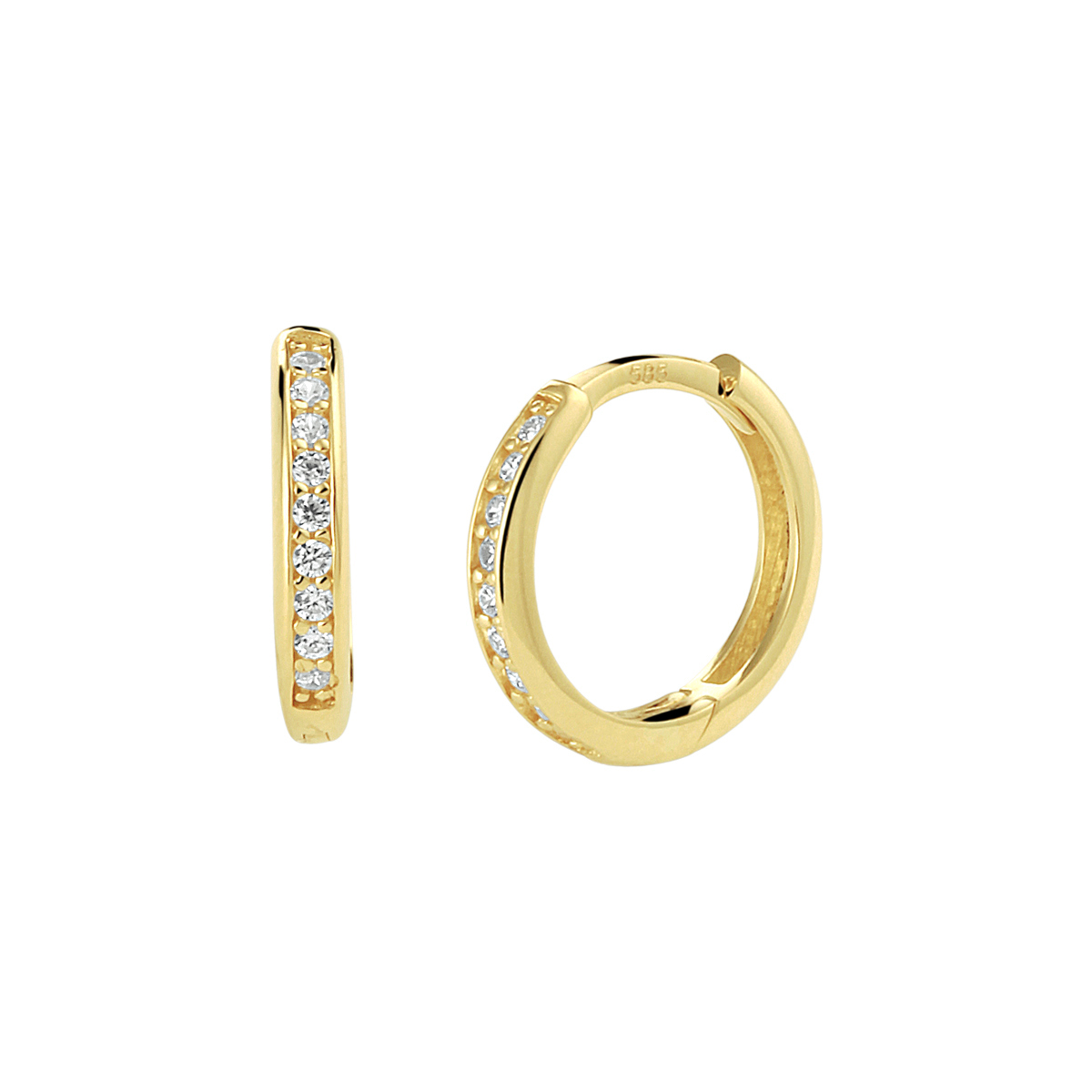 14k Geelgouden klapoorringen uitgevoerd met een schitterende diamant rij. De oorringen hebben een afmeting van 12.5x2mm.