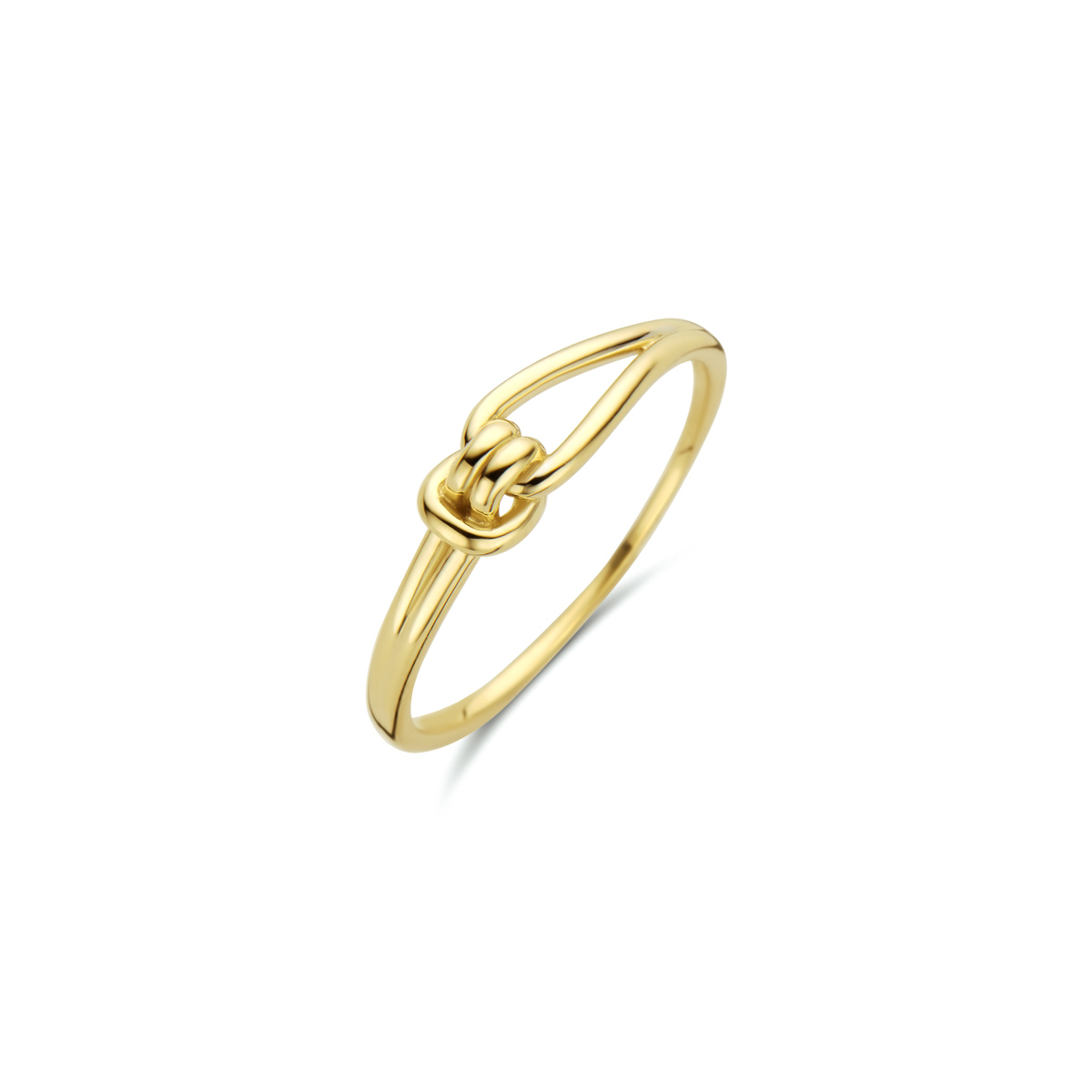 14k Geelgouden ring uitgevoerd met een knoop. De ring heeft een breedte van 4.5mm.
