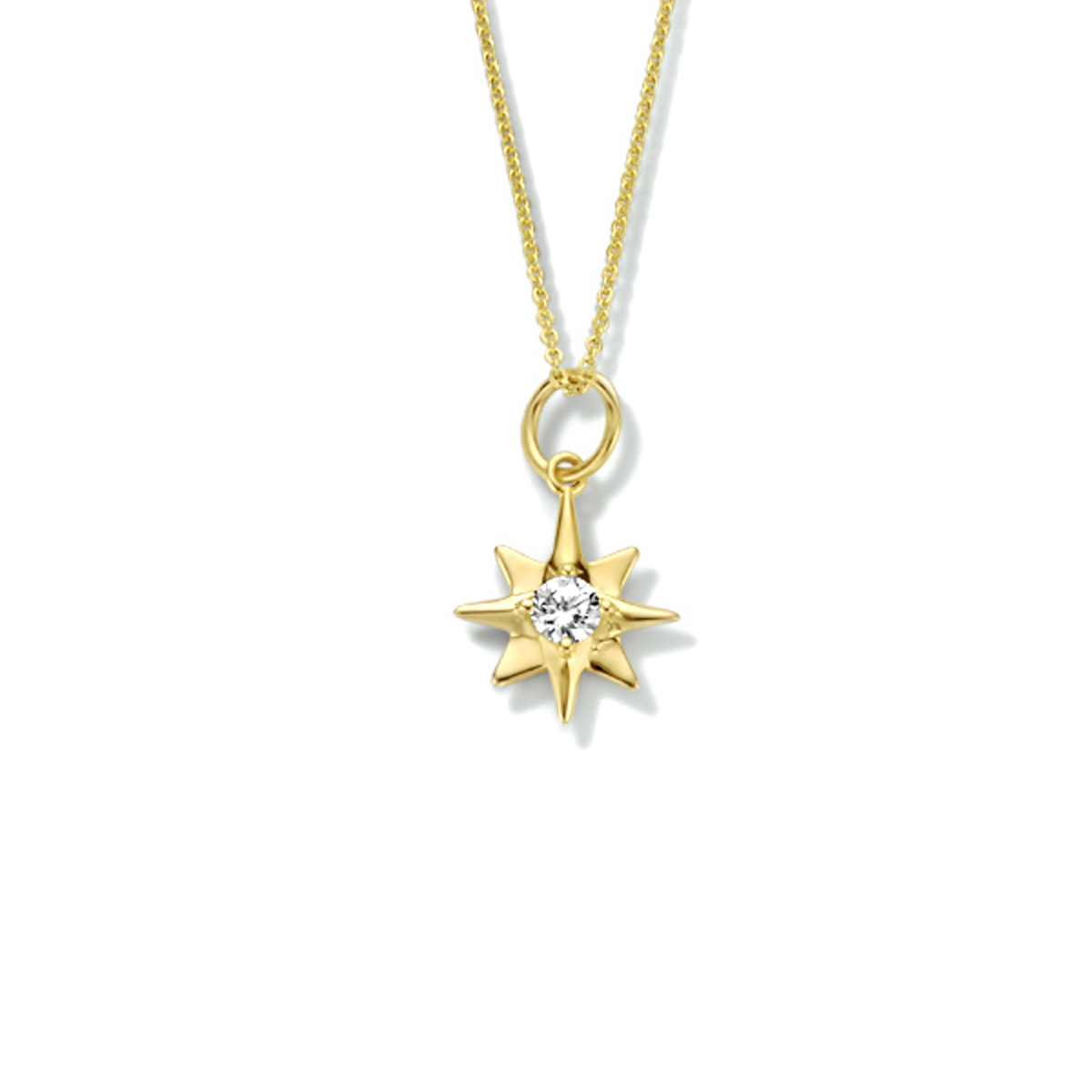 14k Geelgouden collier uitgevoerd met een hanger in de vorm van een poolster met daarin een schitterende zirkonia. Het collier heeft draaglengtes van 41, 43 en 45cm. De hanger heeft een afmeting van 11x9mm.