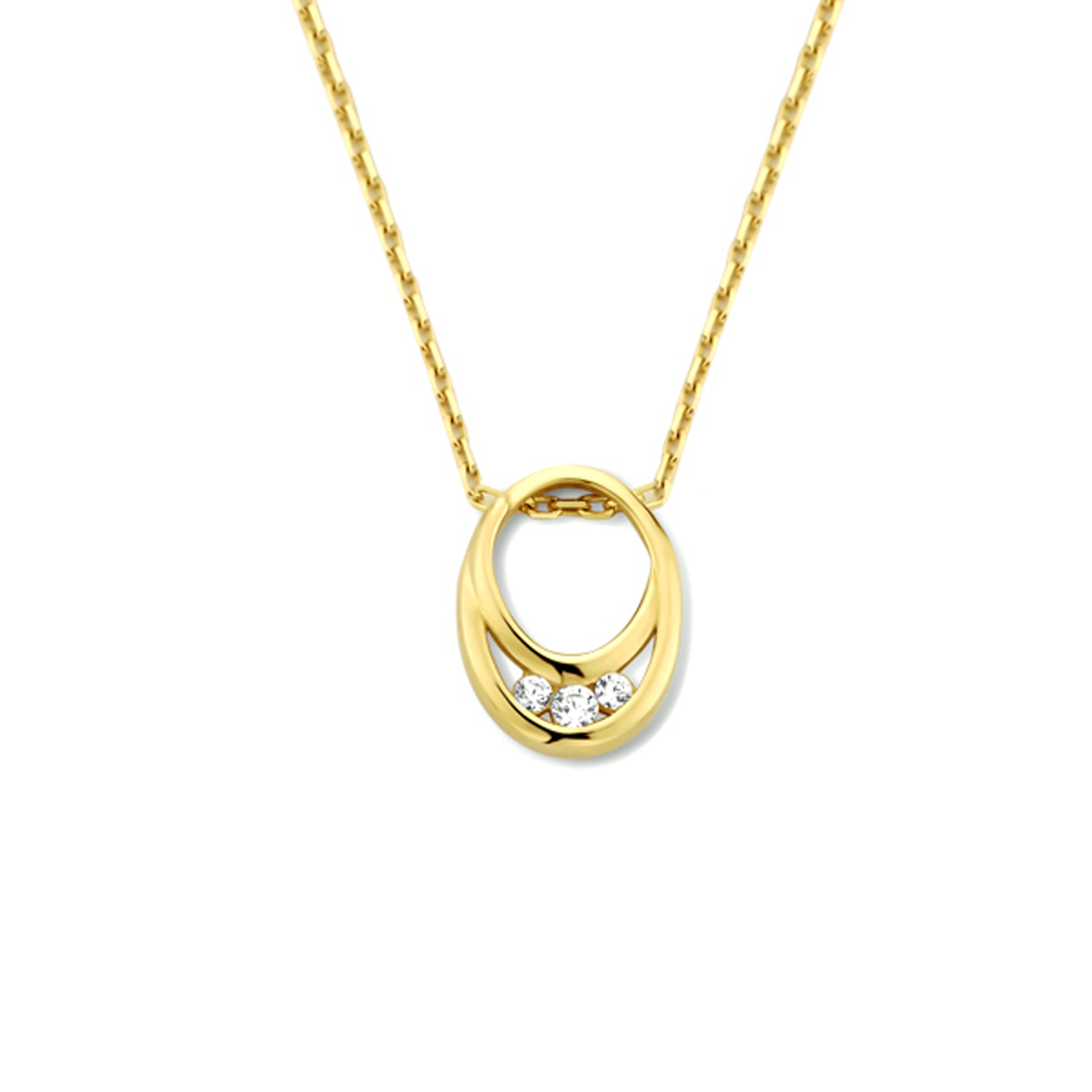 14k Geelgouden collier uitgevoerd met een schitterende zirkonia rij. Het collier heeft draaglengtes van 42, 44 en 46cm. De hanger heeft een afmeting van 10.5x8mm.