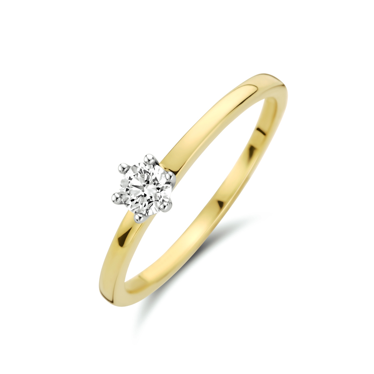 14k Bicolor geel- en witgouden ring uitgevoerd met een schitterende diamant. De ring heeft een breedte van 4.5mm.