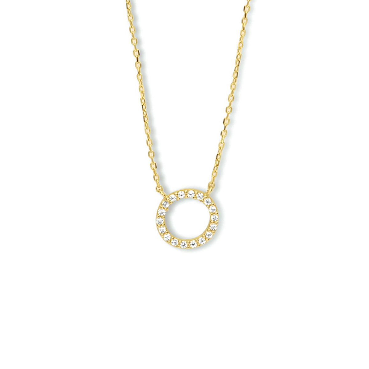 14k Geelgouden collier uitgevoerd met een ronde hanger met daarin een schitterende zirkonia rij. Het collier heeft draaglengtes van 40, 42 en 44cm. De hanger heeft een diameter van 8mm.