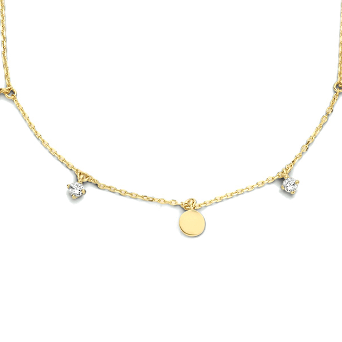 14k Geelgouden collier uitgevoerd met rondjes en zirkonia. Het collier heeft draaglengtes van 40, 42 en 44cm.