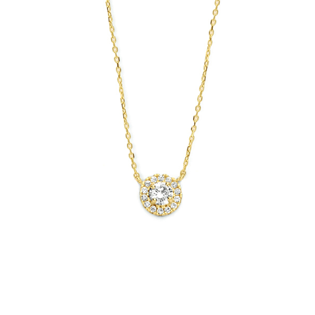 14k Geelgouden collier uitgevoerd met een ronde hanger met daarin zirkonia. Het collier heeft draaglengtes van 40, 42 en 44cm. De hanger heeft een diameter van 6.3mm. De schakelbreedte is 0.8mm.
