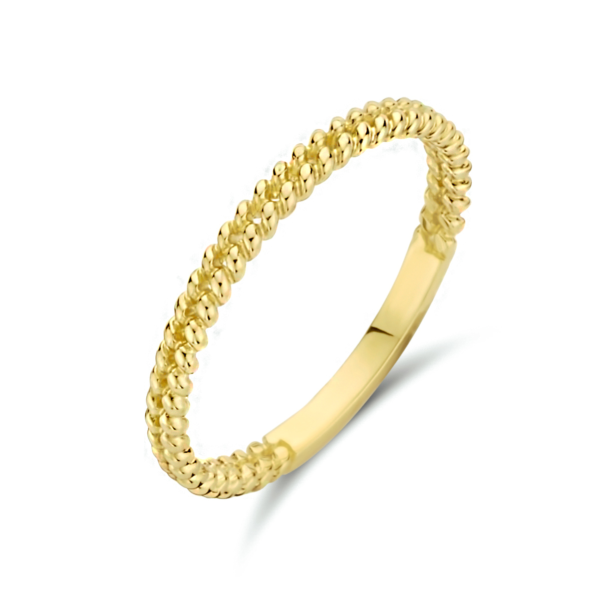 14k Geelgouden aanschuifring uitgevoerd met een schakelmotief. De ring heeft een breedte van 2mm.