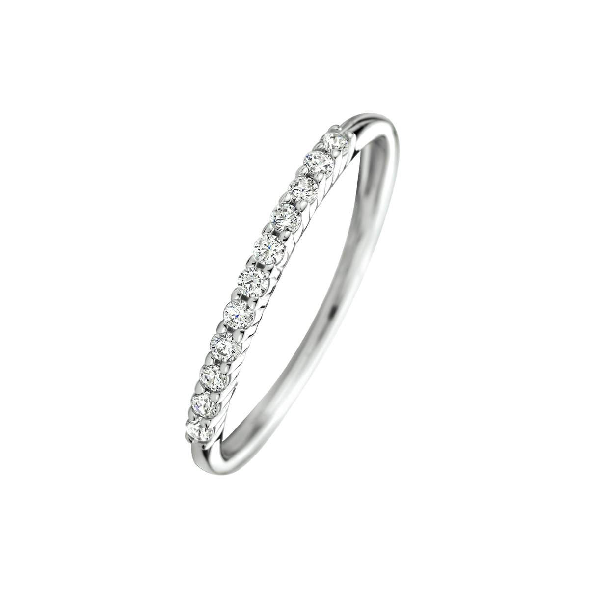 Gerhodineerd 925 zilveren aanschuifring uitgevoerd met een schitterende zirkonia rij. De ring heeft een breedte van 1.5mm.