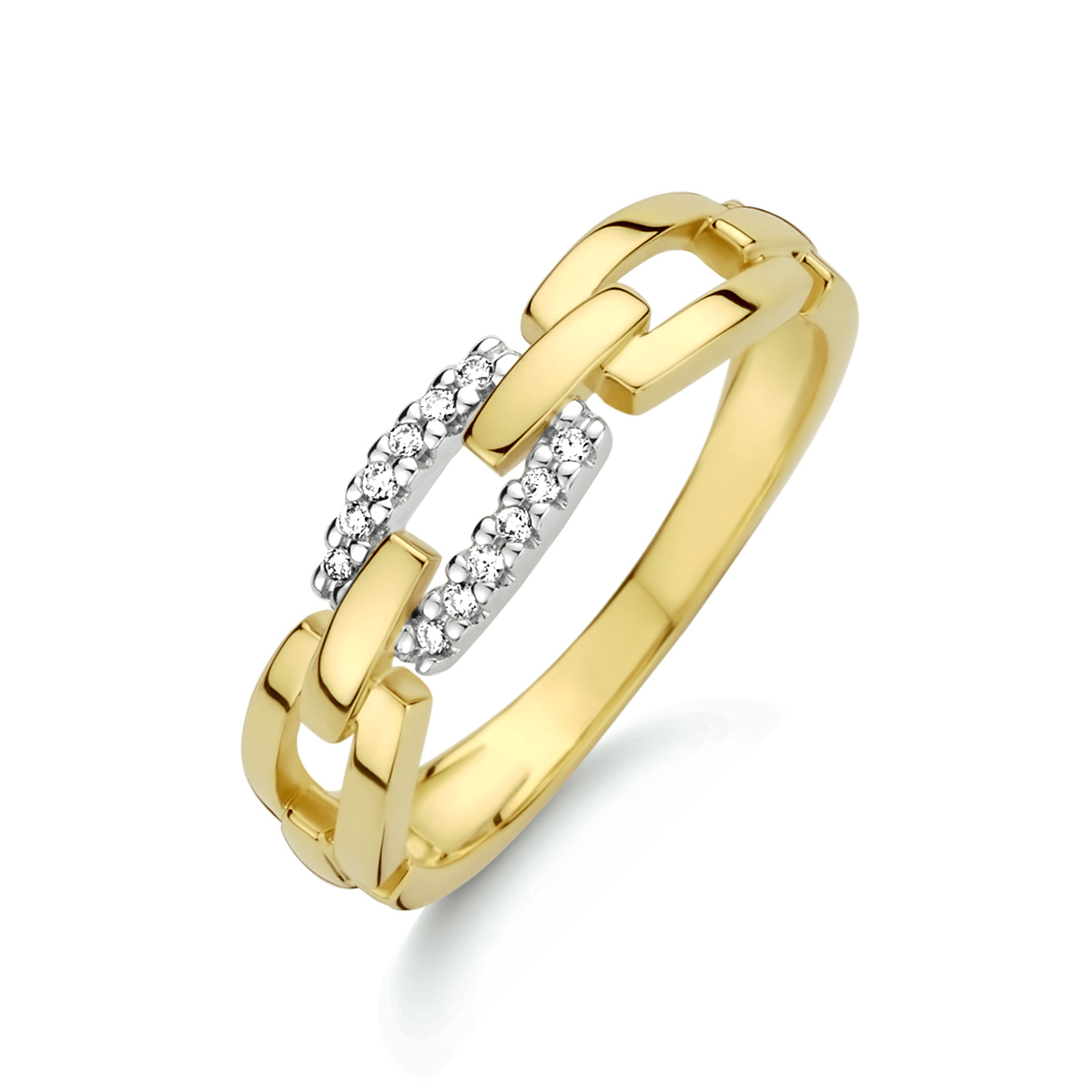 14k Bicolor geel- en witgouden ring uitgevoerd met een schitterende diamant rij. De ring heeft een breedte van 5mm.