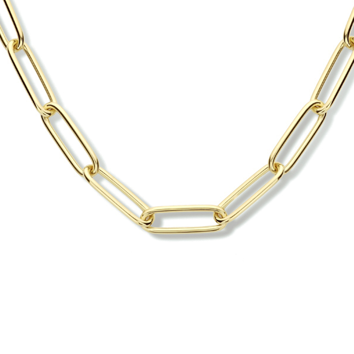Geelgoud op 925 zilveren collier uitgevoerd met een paperclip schakel met een breedte van 5.6mm. Het collier heeft een draaglengte van 45cm en een stevige karabijn sluiting. Geen garantie op plating.