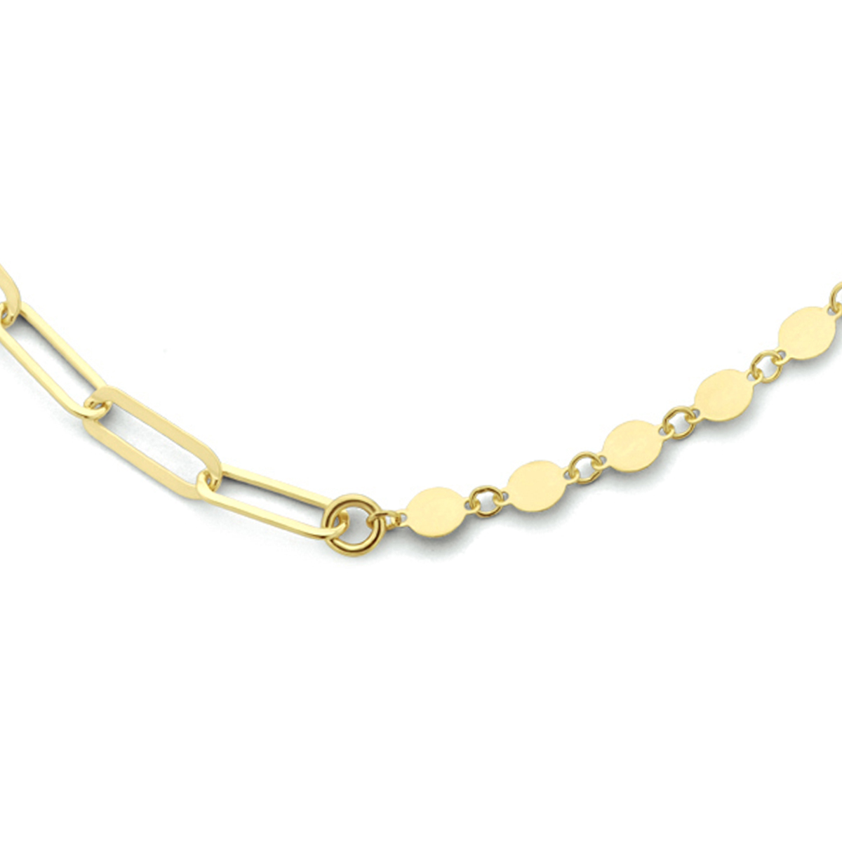 Geelgoud op 925 zilveren collier met een schakelbreedte van 4mm, uitgevoerd met een anker schakel en schijfjes. Het collier heeft een draaglengte van 41cm met een extensie van 4cm en een stevige karabijn sluiting.