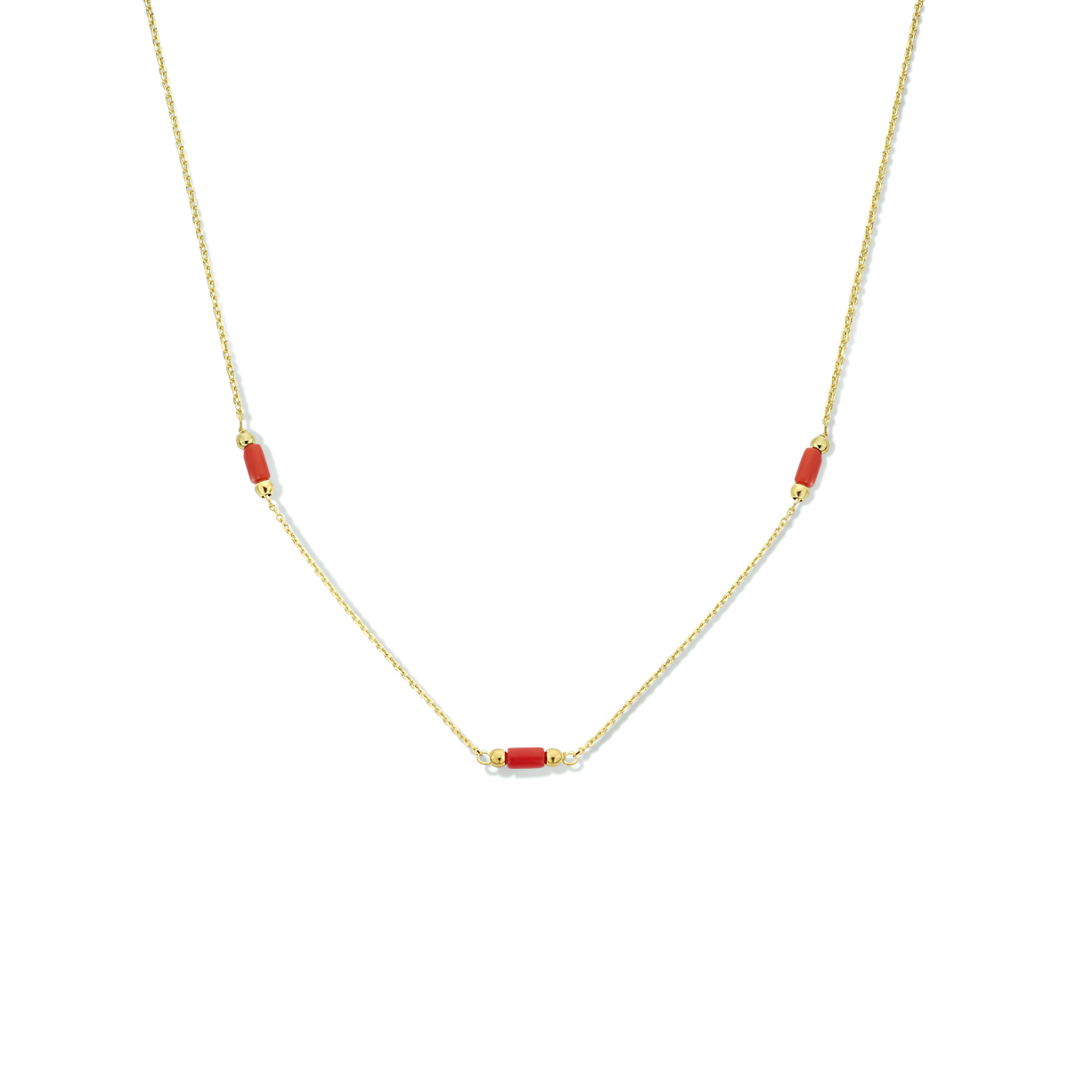 14k Geelgouden collier uitgevoerd met bloedkoraal. Het collier heeft een breedte van 2.3mm en draaglengtes van 40 en 42cm.