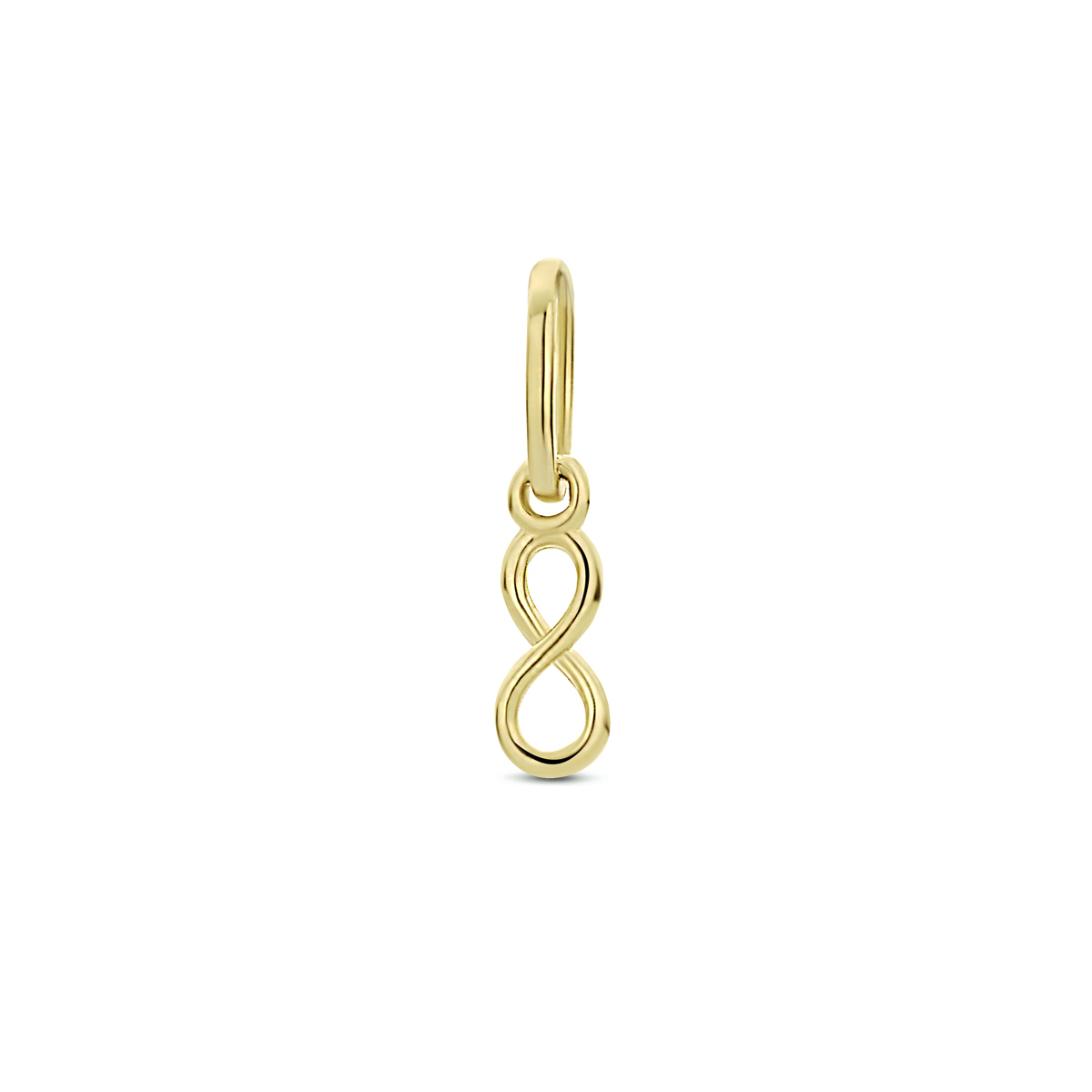 14k Geelgouden hanger uitgevoerd met een infinity teken. De hanger heeft een totale hoogte van 1cm en een breedte van 2.5mm.