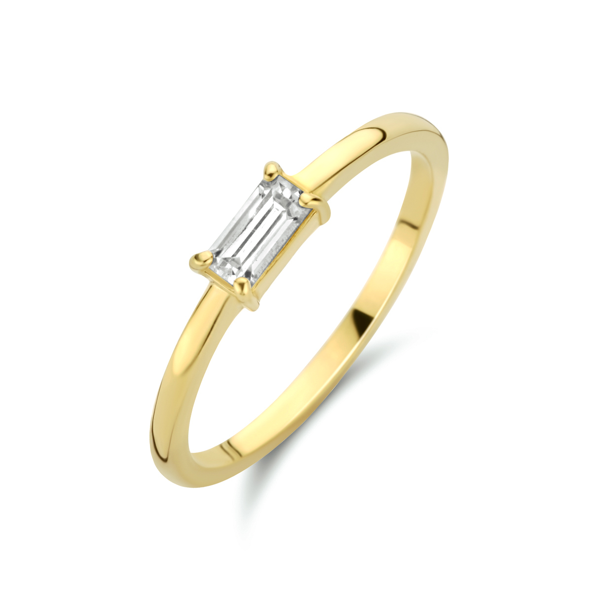 14k Geelgouden ring uitgevoerd met een schitterende zirkonia. De ring heeft een breedte van 3mm.