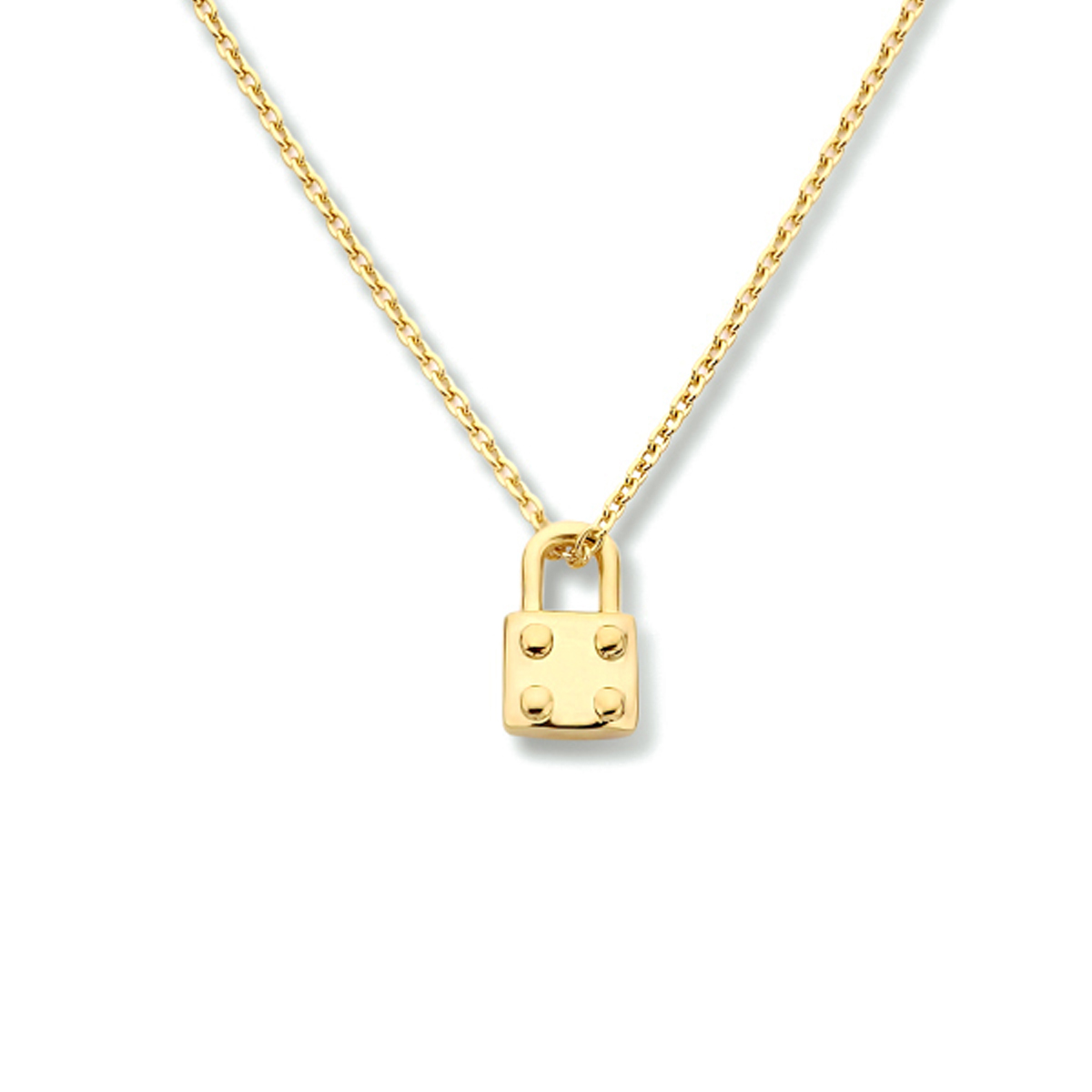 Geelgoud op 925 zilveren collier uitgevoerd met een hangertje in de vorm van een slotje. Het collier heeft een draaglengte van 41cm met een extensie van 4cm en een stevige karabijn sluiting. Het hangertje heeft een afmeting van 12x7.5mm.