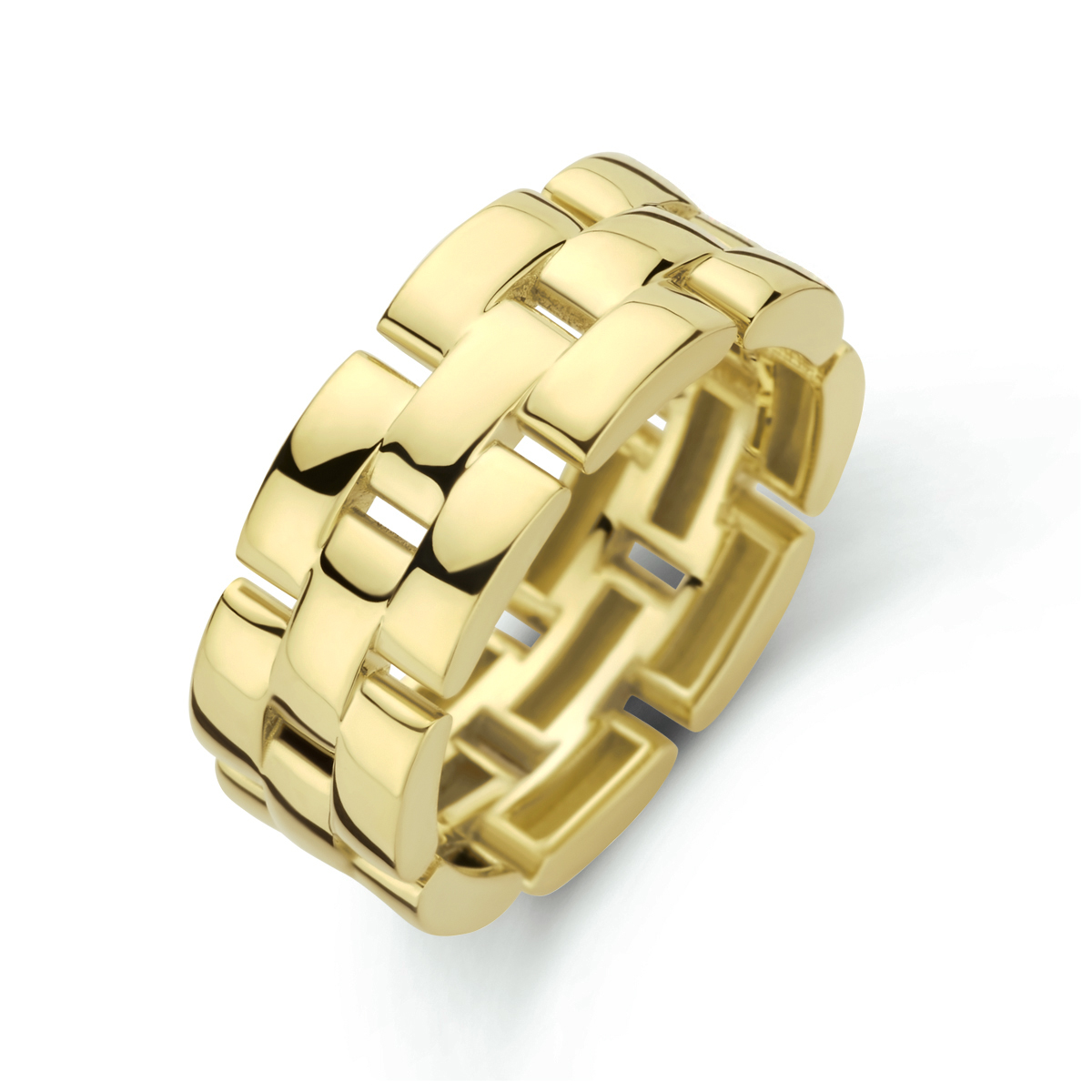 14k Geelgouden ring uitgevoerd in schakelvorm. De ring heeft een breedte van 7mm.