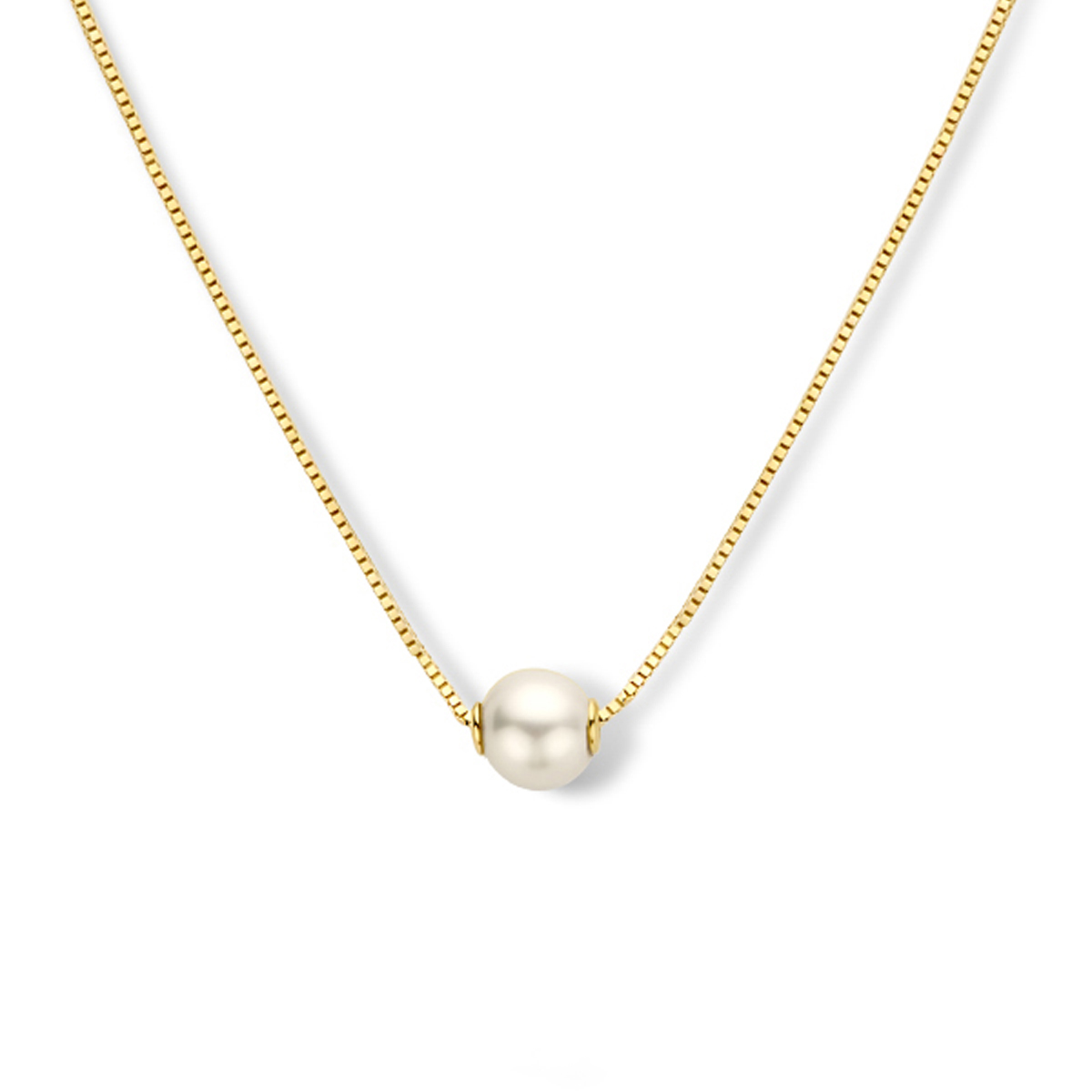 14k Geelgouden collier uitgevoerd met een schitterende zoetwaterparel. Het collier heeft draaglengtes van 42 en 45cm. De parel heeft een diameter van 5mm.
