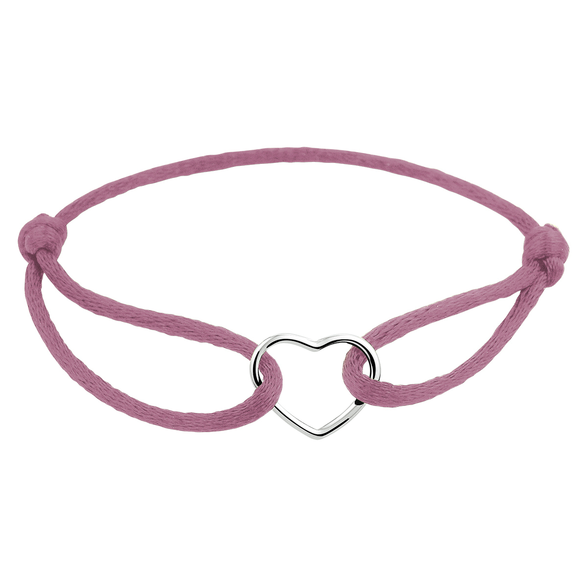 Oud roze gevlochten armband uitgevoerd met een gerhodineerd 925 zilveren hartje. De armband heeft draaglengtes van 13 tot 26cm. Het hartje heeft een afmeting van 12.5x15.5mm.