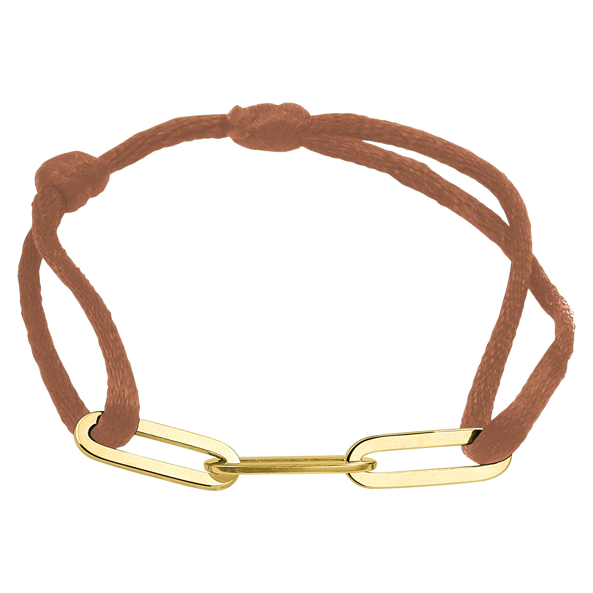 Roestbruin gevlochten armband uitgevoerd met een geelgoud op 925 zilveren element. De armband heeft draaglengtes van 13 tot 26cm. Het element heeft een afmeting van 40x5mm.
