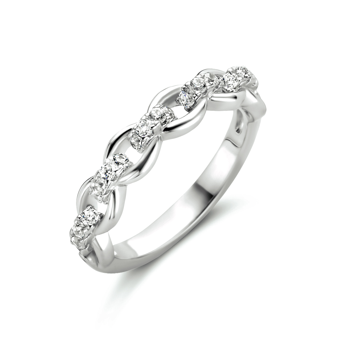 Gerhodineerd 925 zilveren ring uitgevoerd in schakelvorm met een schitterende zirkonia rij. De ring heeft een breedte van 4.5mm.