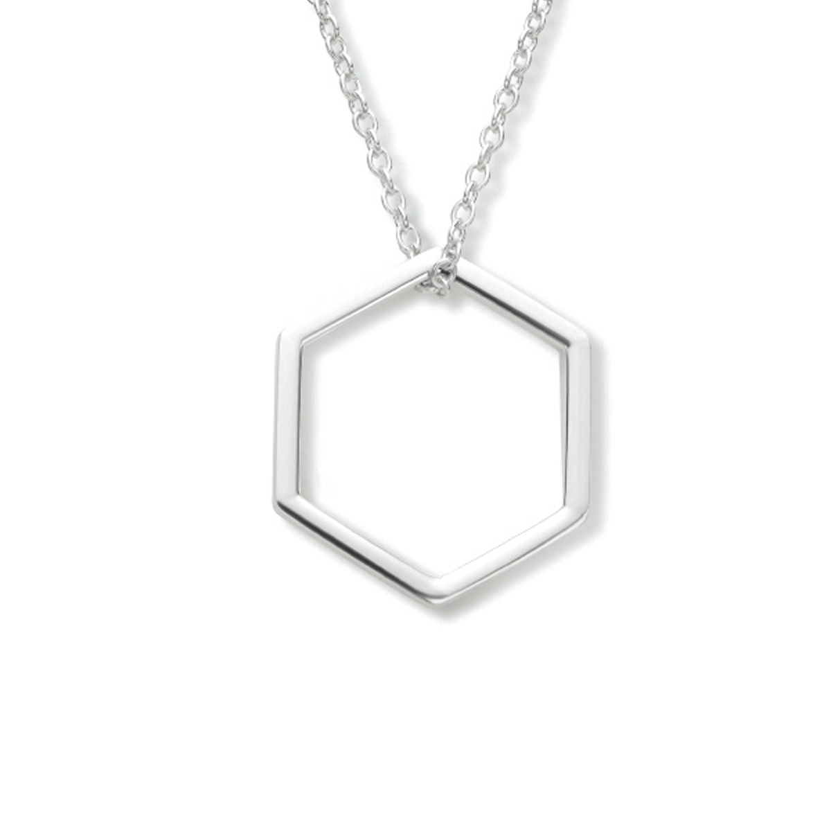 Gerhodineerd 925 zilveren collier uitgevoerd met een hanger in de vorm van een zeshoek. Het collier heeft een draaglengte van 41cm met een extensie van 4cm en een stevige karabijn sluiting. De hanger heeft een afmeting van 15x16.5mm.