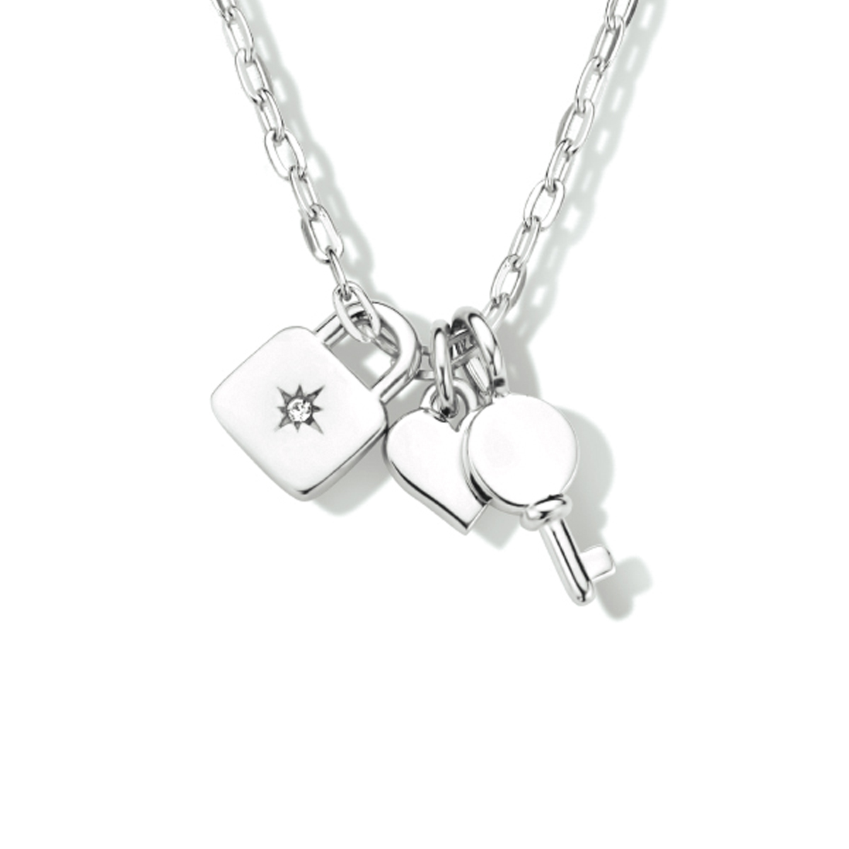 Gerhodineerd 925 zilveren collier uitgevoerd met een slot, hart en sleutel. Het collier heeft een draaglengte van 41cm en een extensie van 4cm.