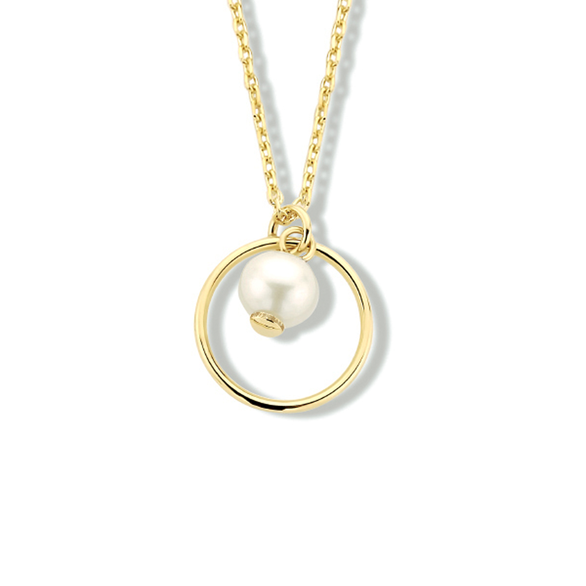14k Geelgouden anker collier met een rondje en een zoetwaterparel. Het collier heeft draaglengtes van 41, 43 en 45cm. Uitgevoerd met een stevige karabijn sluiting.