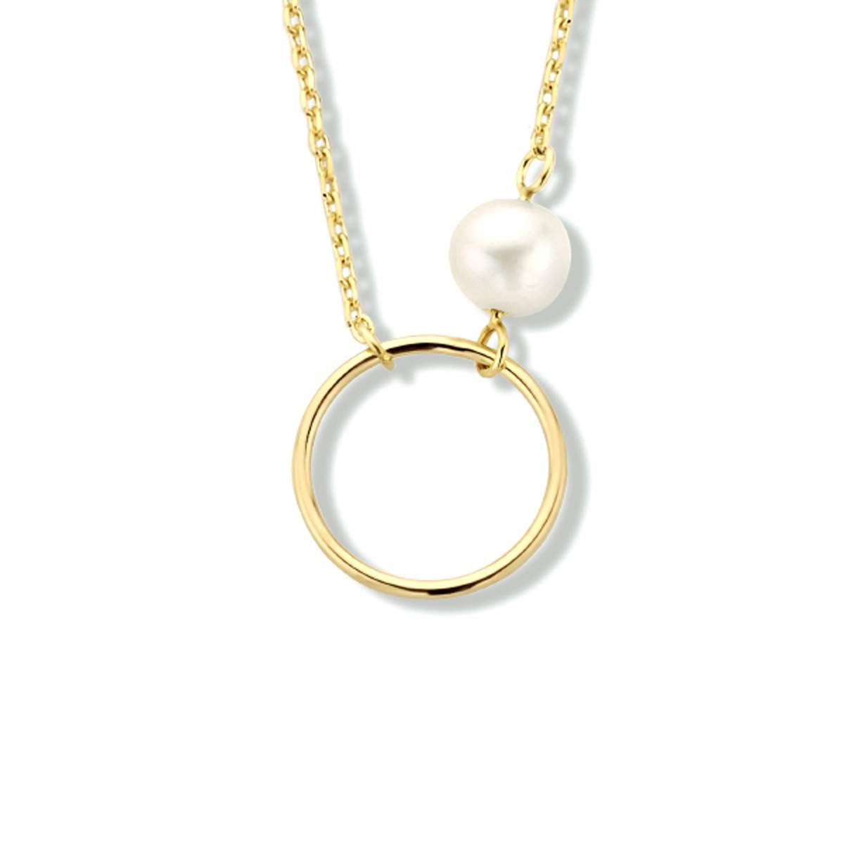 14k Geelgouden anker collier met een rondje en een zoetwaterparel. Het collier heeft draaglengtes van 41, 43 en 45cm. Uitgevoerd met een stevige karabijn sluiting. De schakelbreedte is 0.9mm.