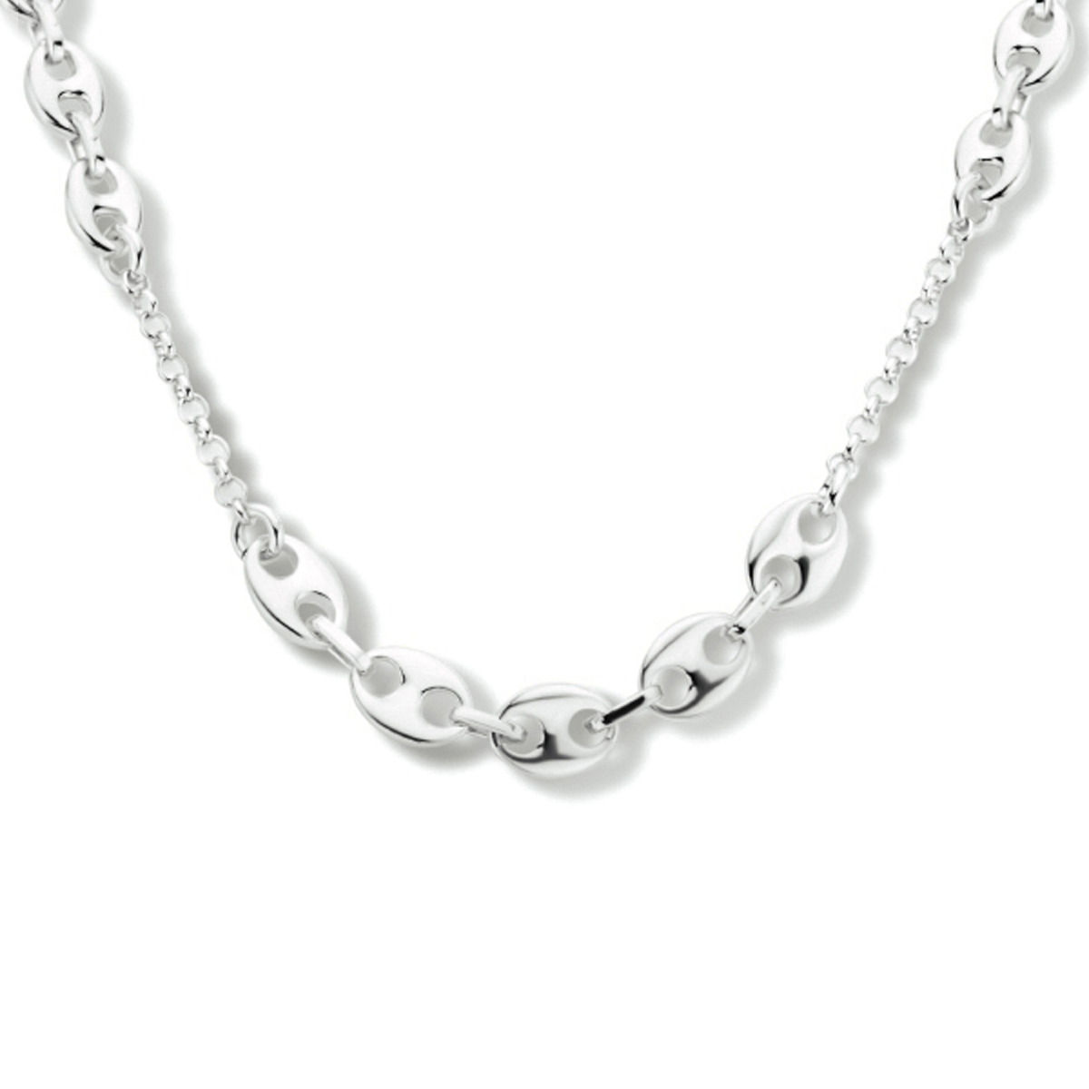 Gerhodineerd 925 zilveren schakelcollier uitgevoerd met een karabijn sluiting. Het collier heeft een draaglengte van 40cm en een extensie van 4cm.