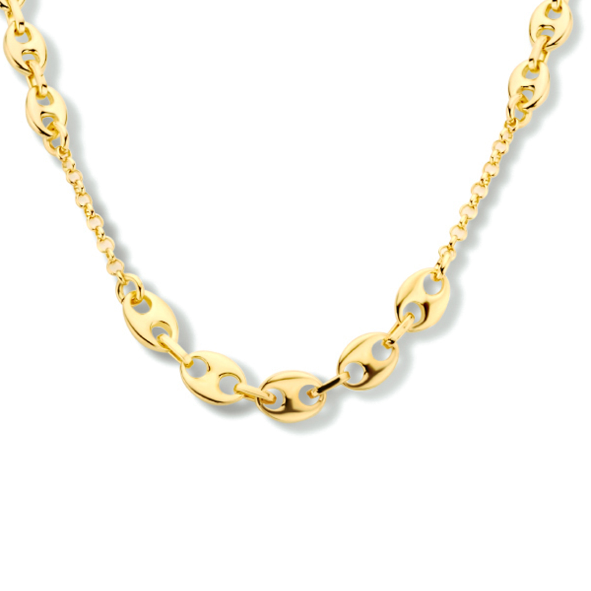 Geelgoud op 925 zilveren schakelcollier uitgevoerd met een karabijn sluiting. Het collier heeft een draaglengte van 40cm en een extensie van 4cm. Geen garantie op plating.
