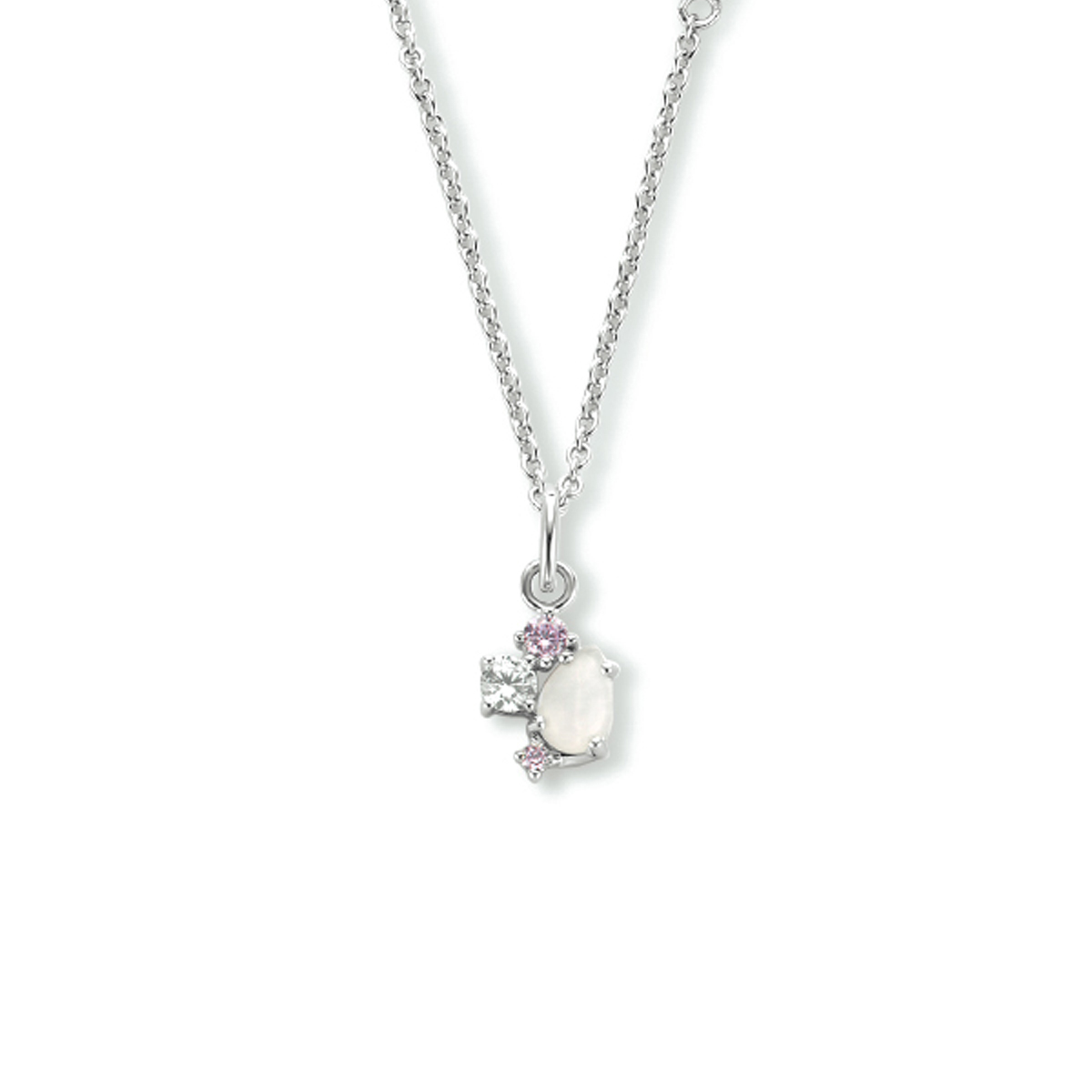 Gerhodineerd 925 zilveren anker collier uitgevoerd met rozenkwarts, zirkonia en een karabijn sluiting. Het collier heeft een draaglengte van 40cm en een extensie van 4 cm. De schakelbreedte is 1.4mm.