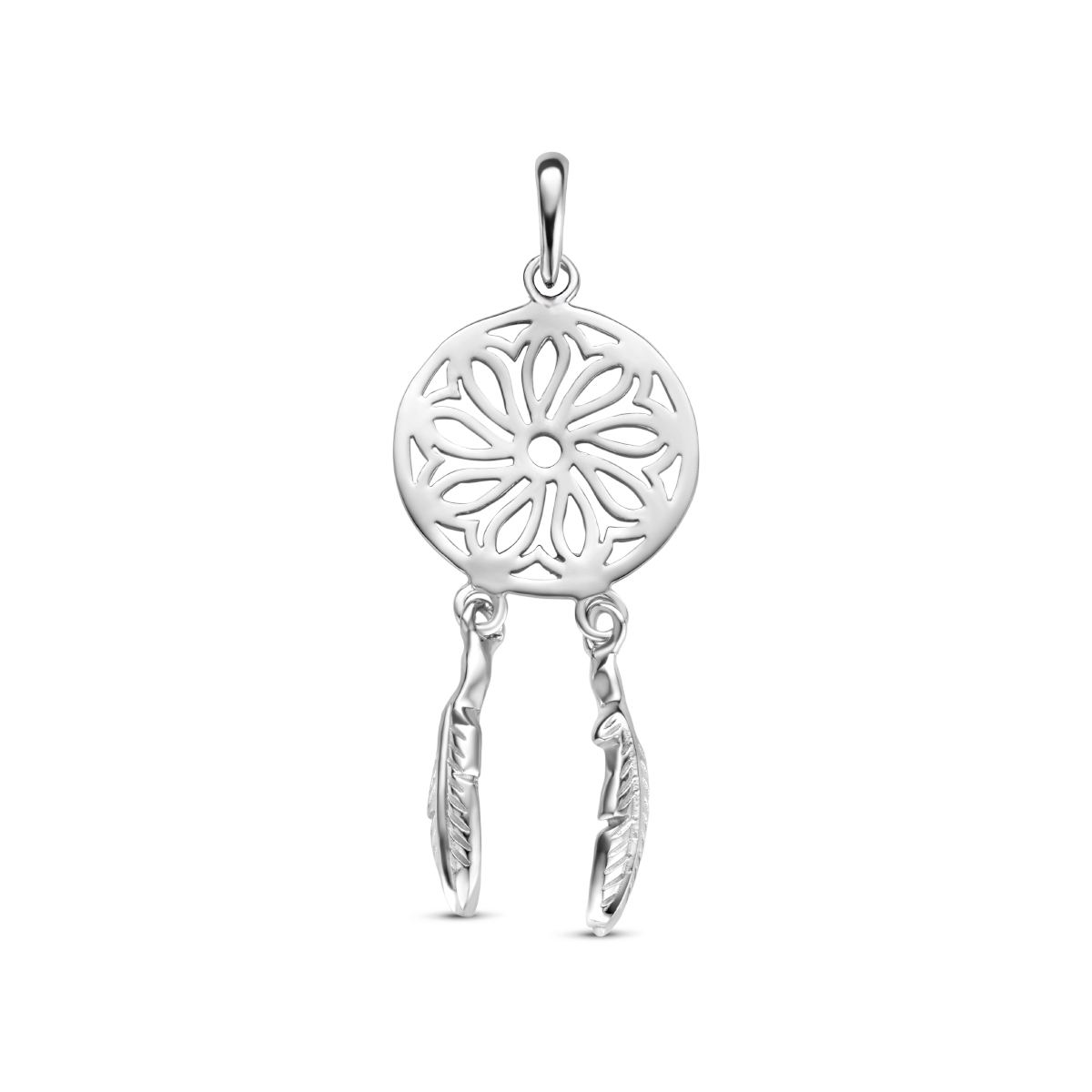 Gerhodineerd 925 zilveren hanger in de vorm van een droomvanger met een totale hoogte van 4cm. De veren hebben een afmeting van 16x3.3mm.