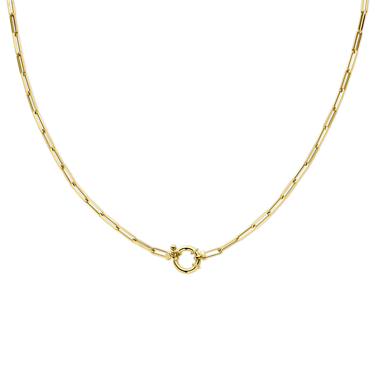 14k Geelgouden paperclip collier met een schakelbreedte van 3mm. Het collier is uitgevoerd met een veerslot en heeft een draaglengte van 45cm.

