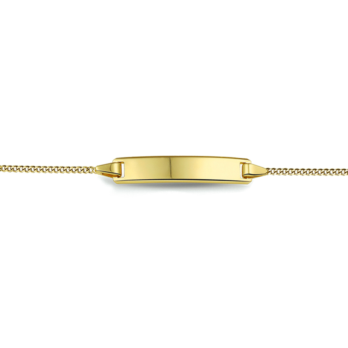 Beschrijving: 9 Krt. graveerarmband met een poli afwerking. De lengte van de armband bedraagt 14cm met 2cm extensie. 
Uniekenummer serie: 27268
Verpakt per: 1
Doelgroep: meisjes
Breedte: 25 mm
Kortste lengte: 14 mm
Langste lengte: 16 mm
Hoogte: 5 mm