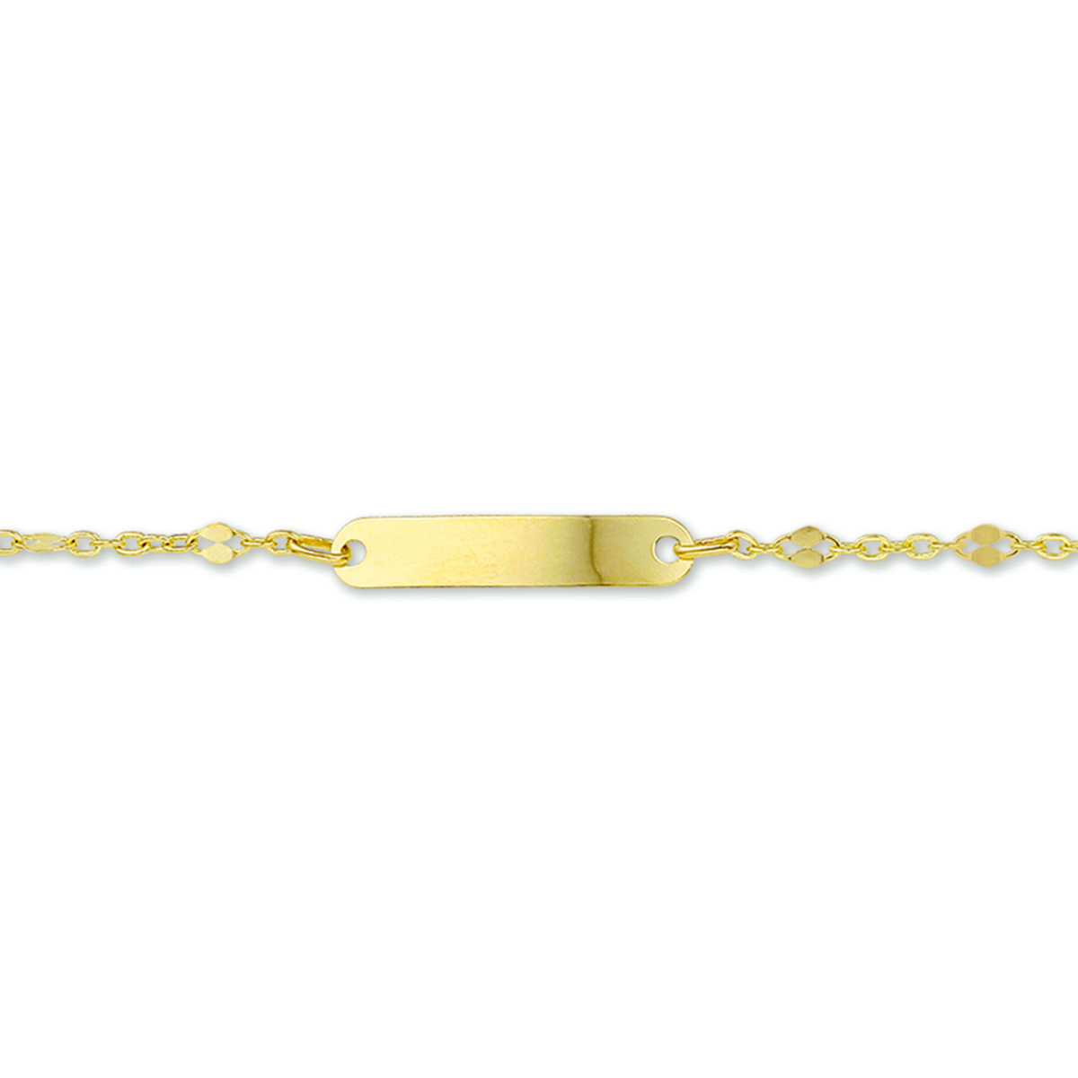 Beschrijving: Geelgouden graveerarmband. De lengte van de armband bedraagt 9cm met 2cm extensie. 
Uniekenummer serie: 29519
Verpakt per: 1
Doelgroep: kinderen
Breedte: 4 mm
Kortste lengte: 11 mm
Langste lengte: 13 mm
Hoogte: 20 mm