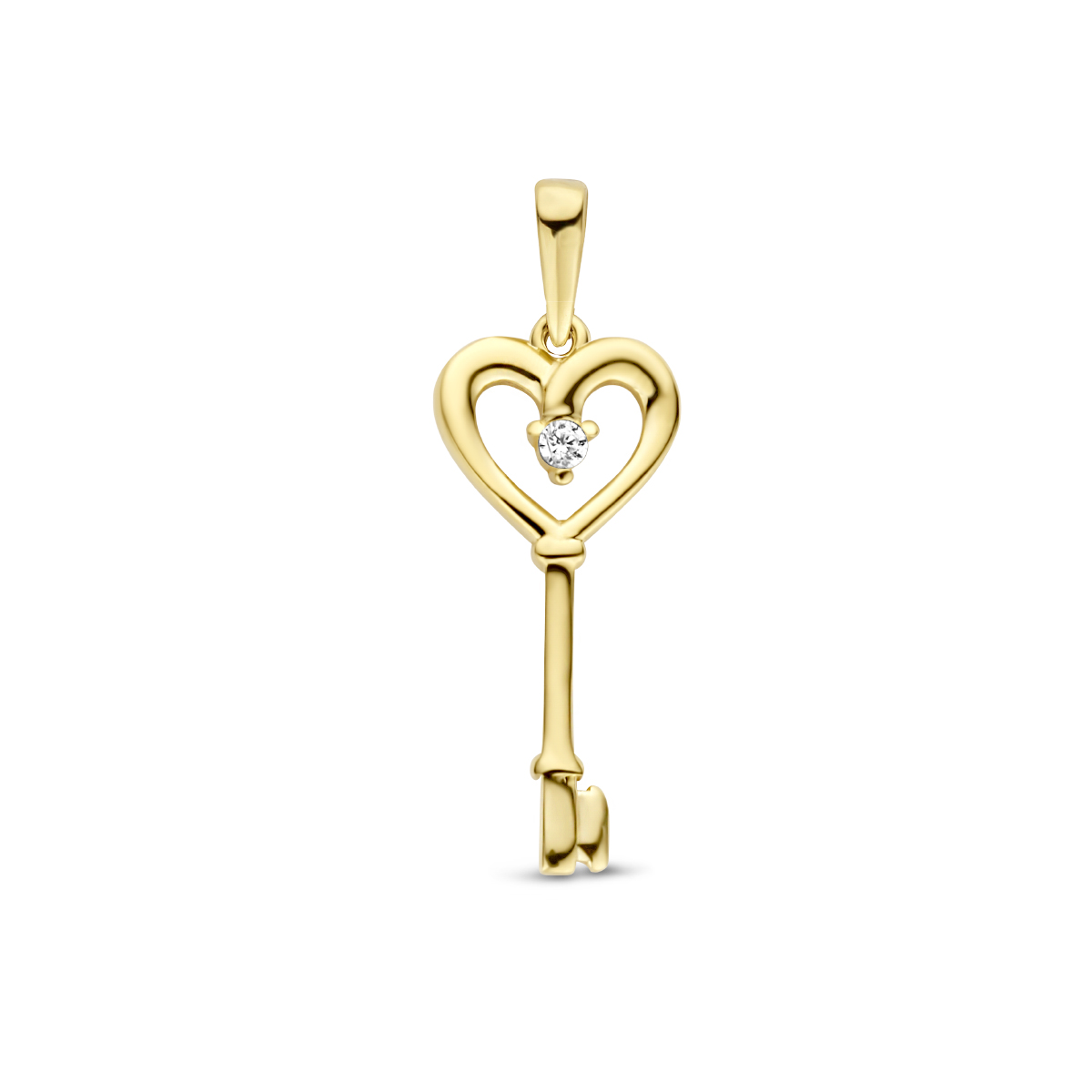 Geelgouden hanger in de vorm van een hart en een sleutel met zirkonia. 