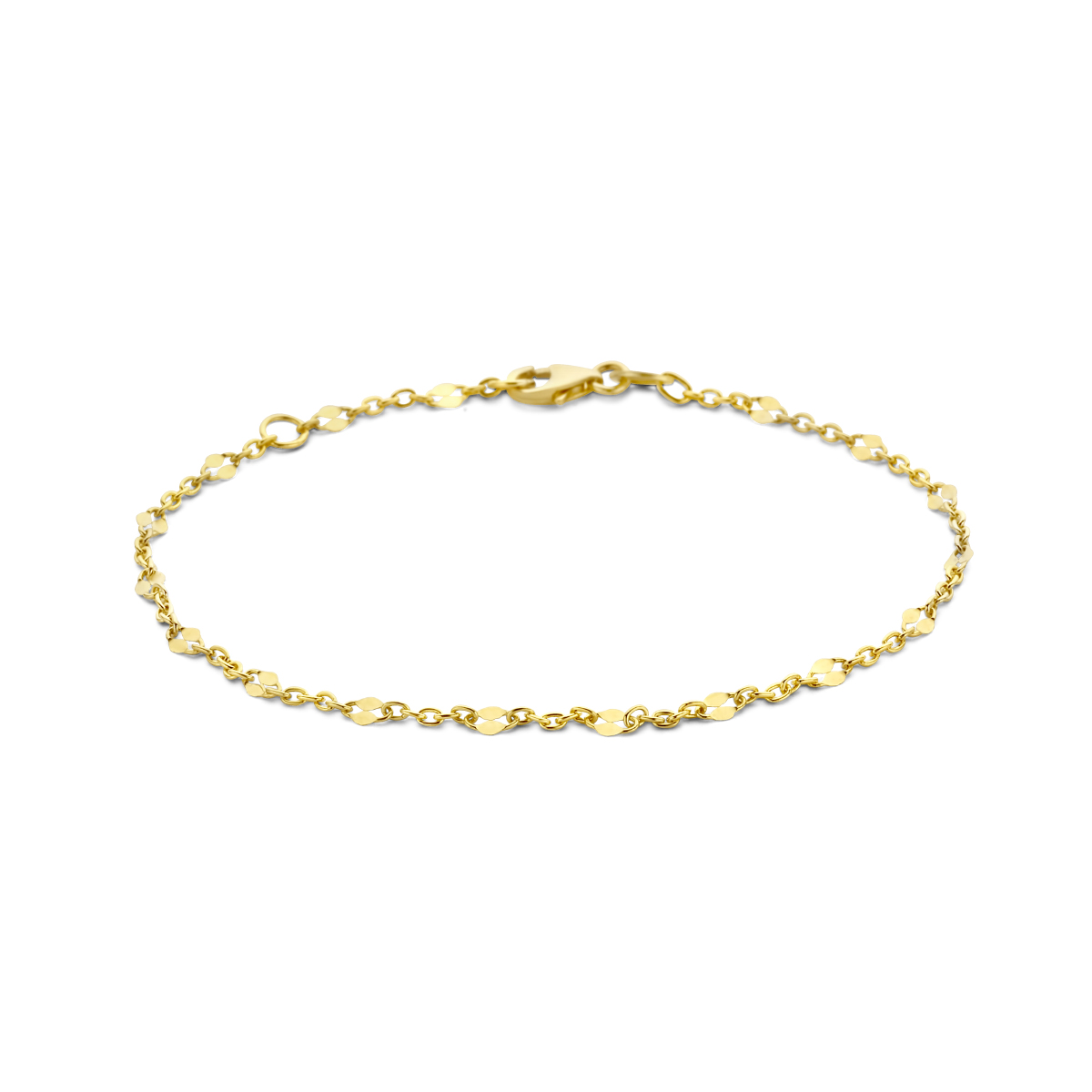 14k Geelgouden armband met een schakelbreedte van 2.4mm en een karabijn sluiting. De armband heeft draaglengtes van 16 en 18cm.