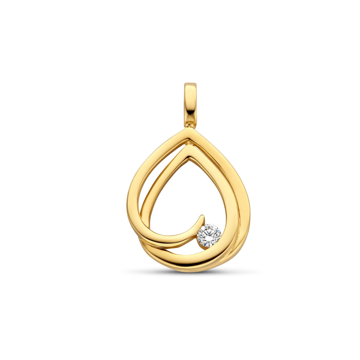 14krt geelgouden hanger uitgevoerd met een schitterende diamant. De hanger heeft een totale hoogte van 21.5mm.