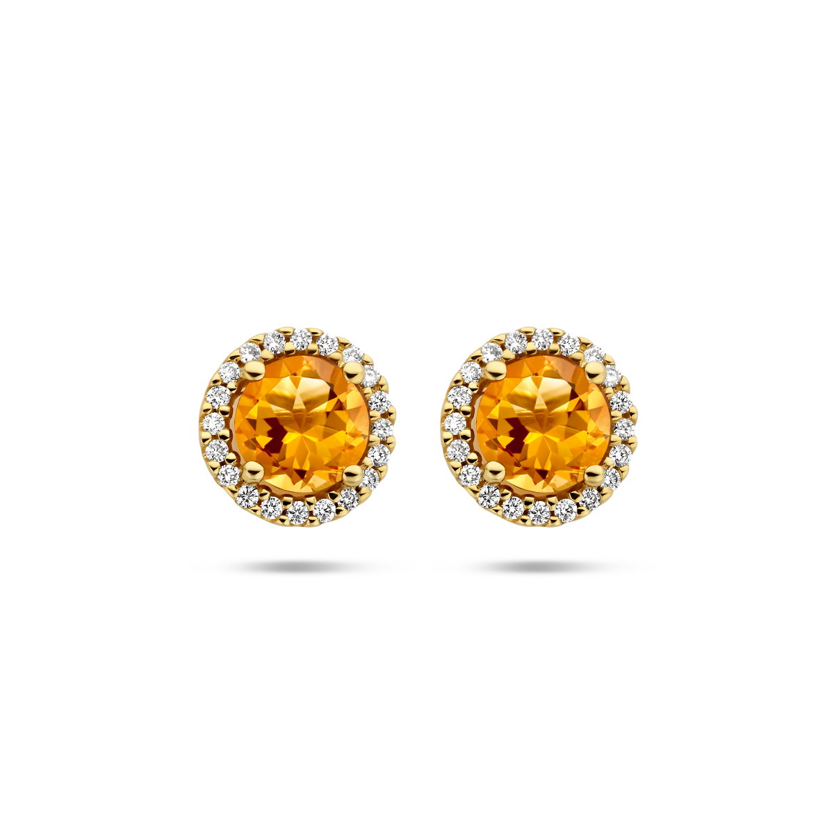 gouden oorstekers, rond met 5mm citrien+ 0.11ct briljant