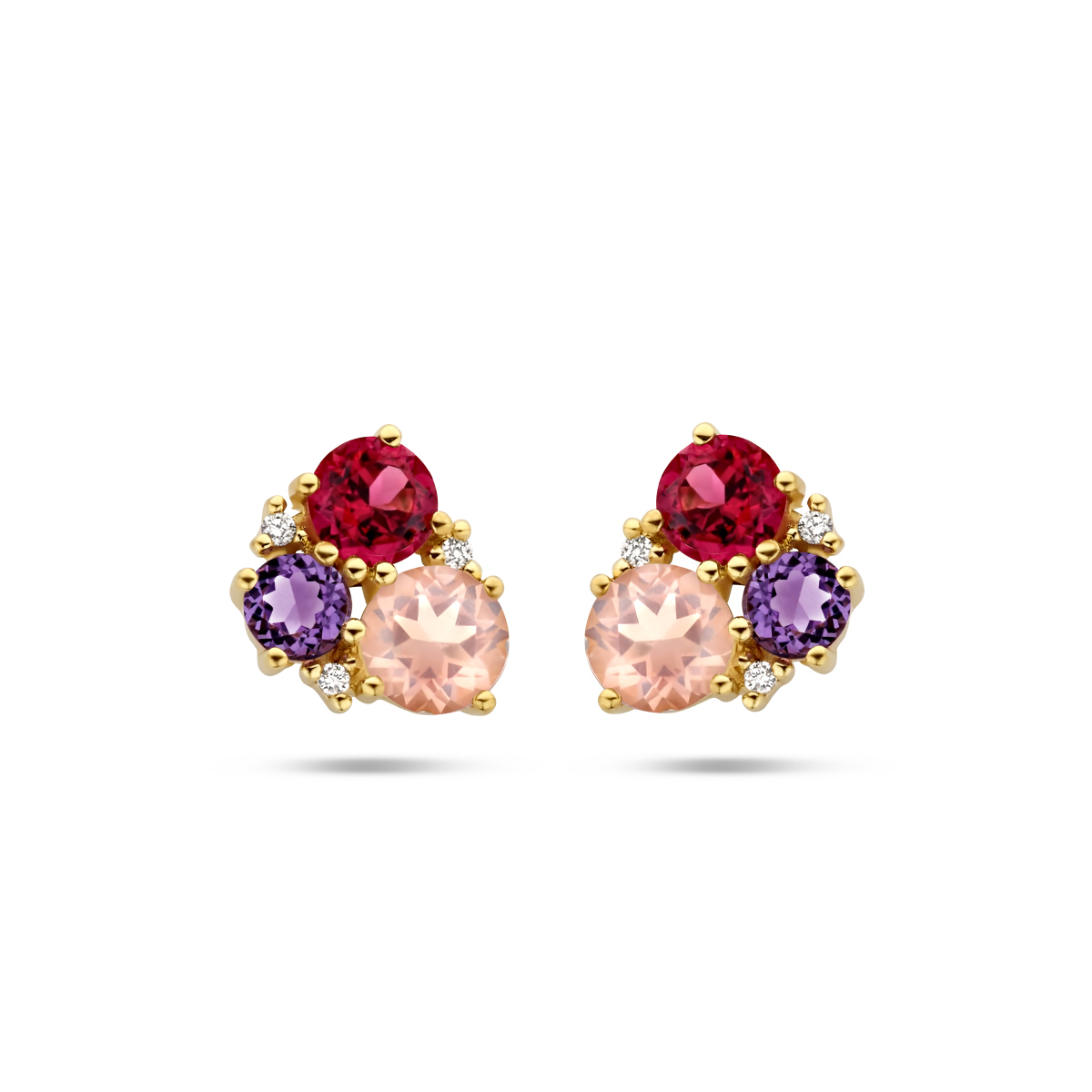 14k Geelgouden oorknoppen uitgevoerd met schitterende diamant en verschillende edelstenen zoals: amethyst, roze rhodoliet en roze kwarts.